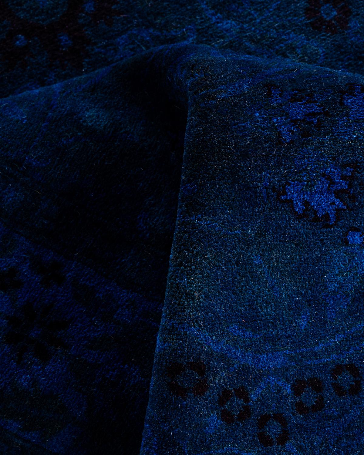 Contemporary Overdyed Hand Knotted Wool Navy Runner 3' 1