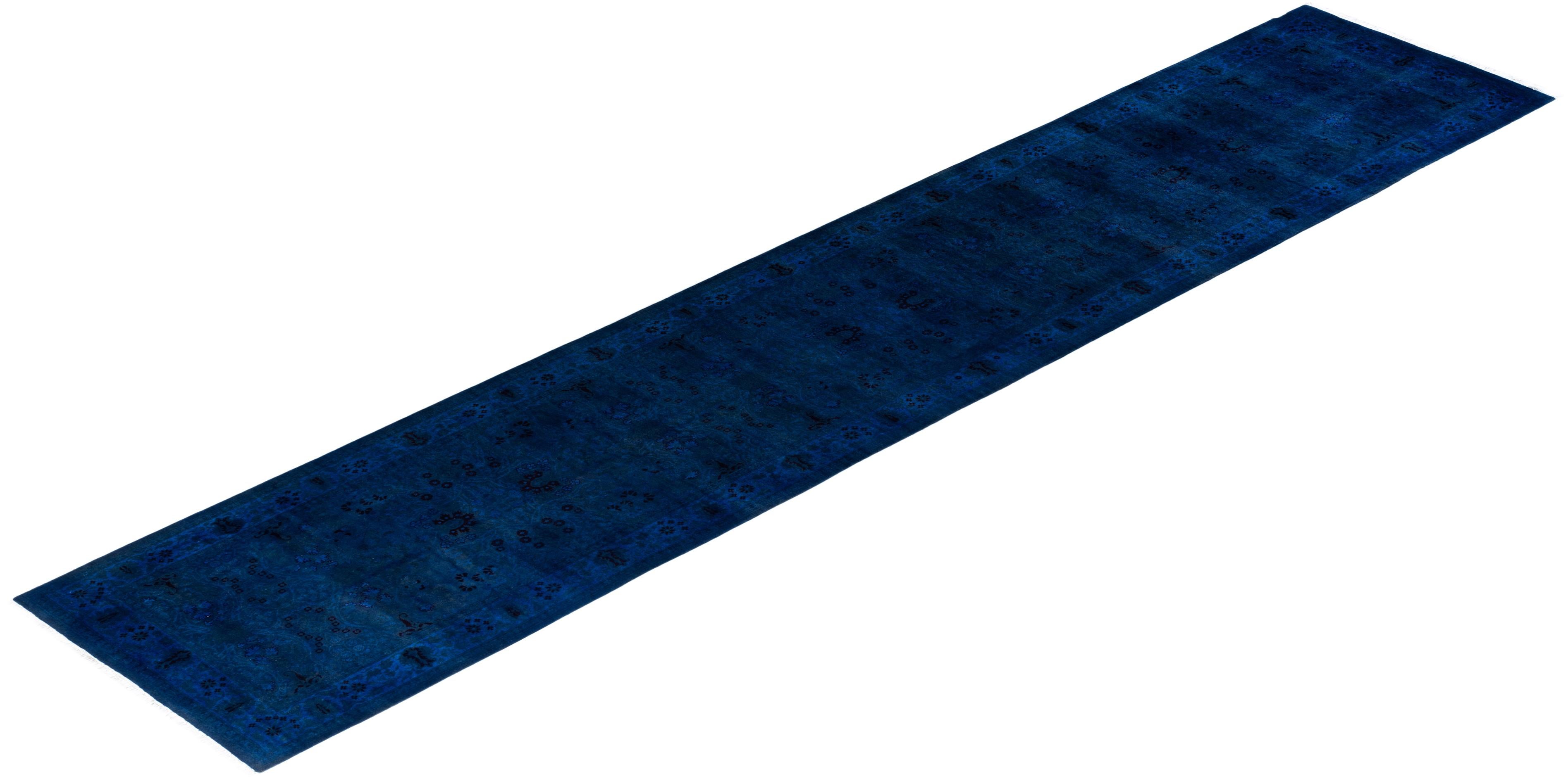 Contemporary Overdyed Hand Knotted Wool Navy Runner 3' 1