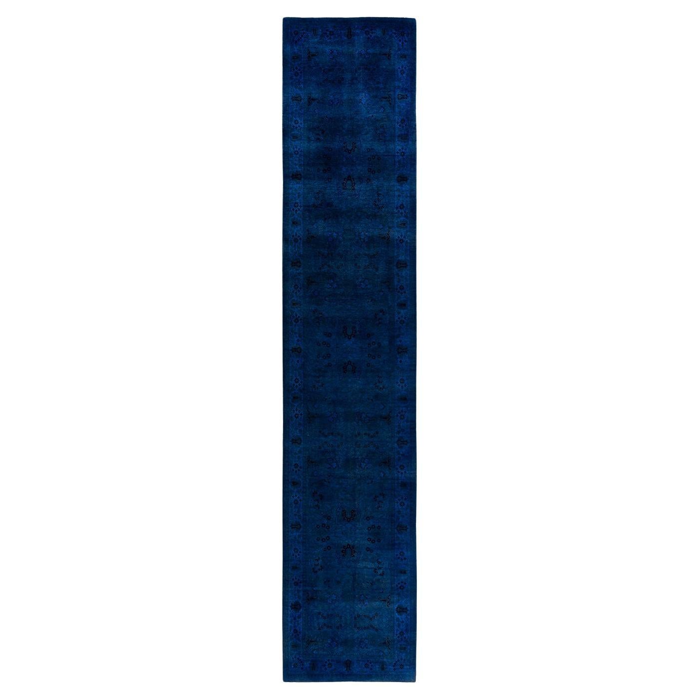 Contemporary Overdyed Hand Knotted Wool Navy Runner 3' 1" x 15' 1" im Angebot