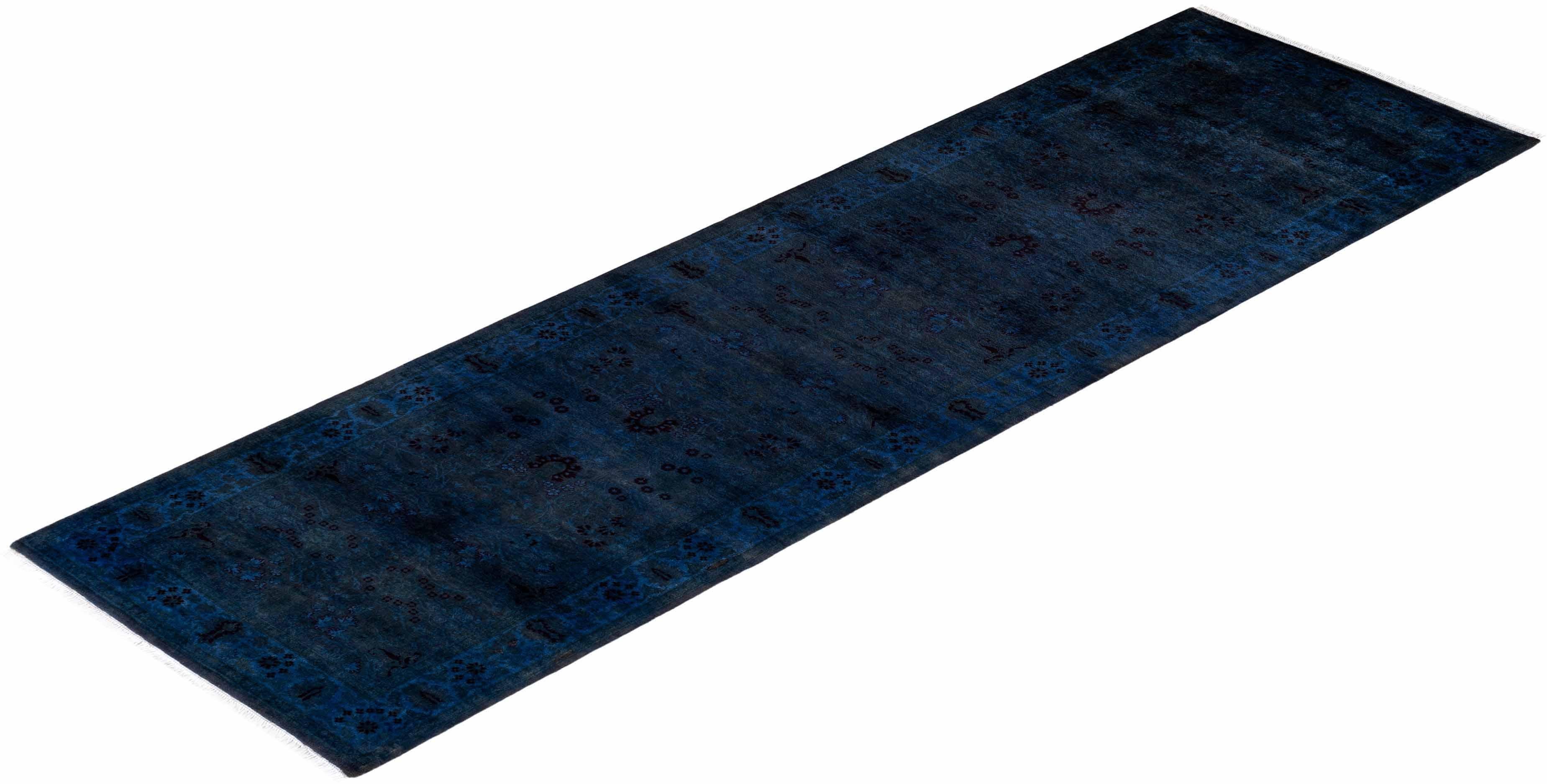 Contemporary Overdyed Hand Knotted Wool Navy Runner im Angebot 2