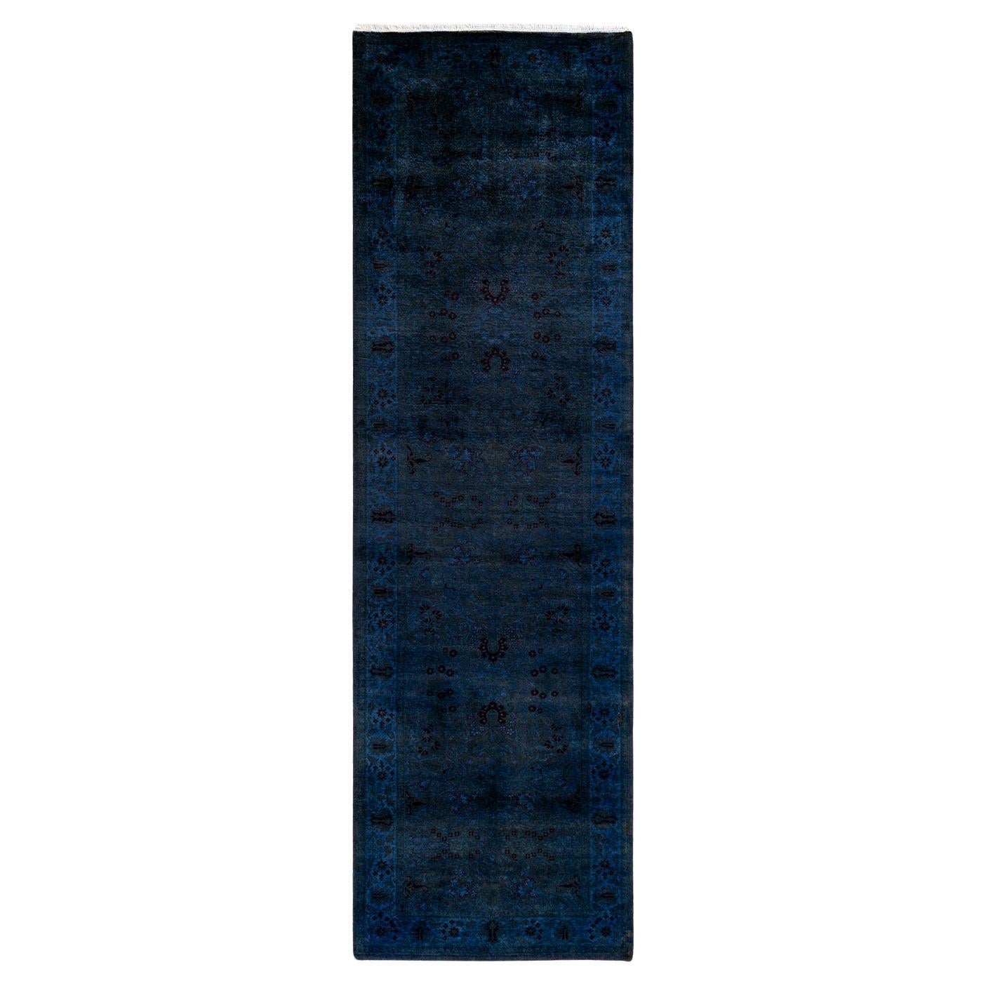 Contemporary Overdyed Hand Knotted Wool Navy Runner