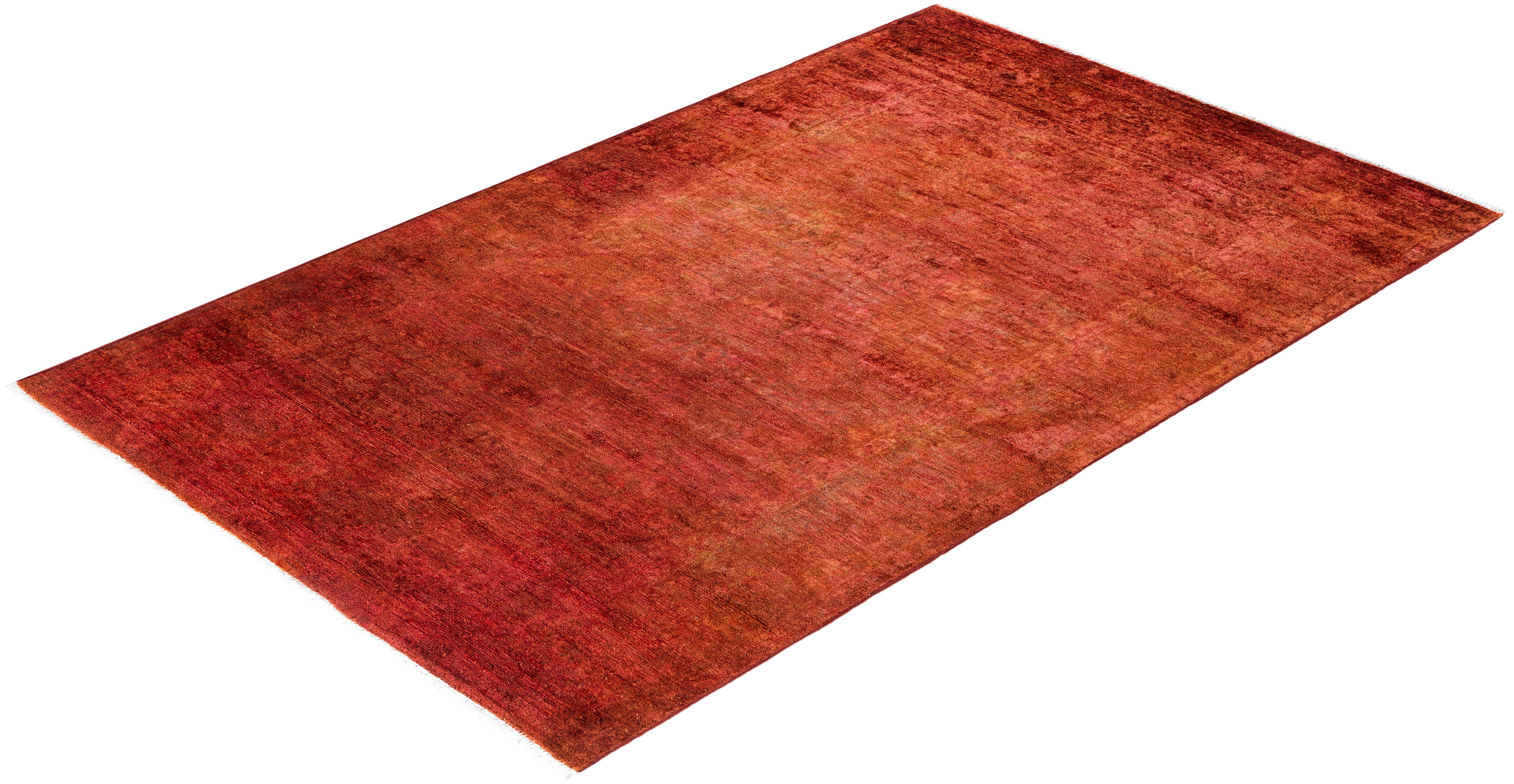 Contemporary Overdyed Hand Knotted Wool Orange Area Rug 3' 10