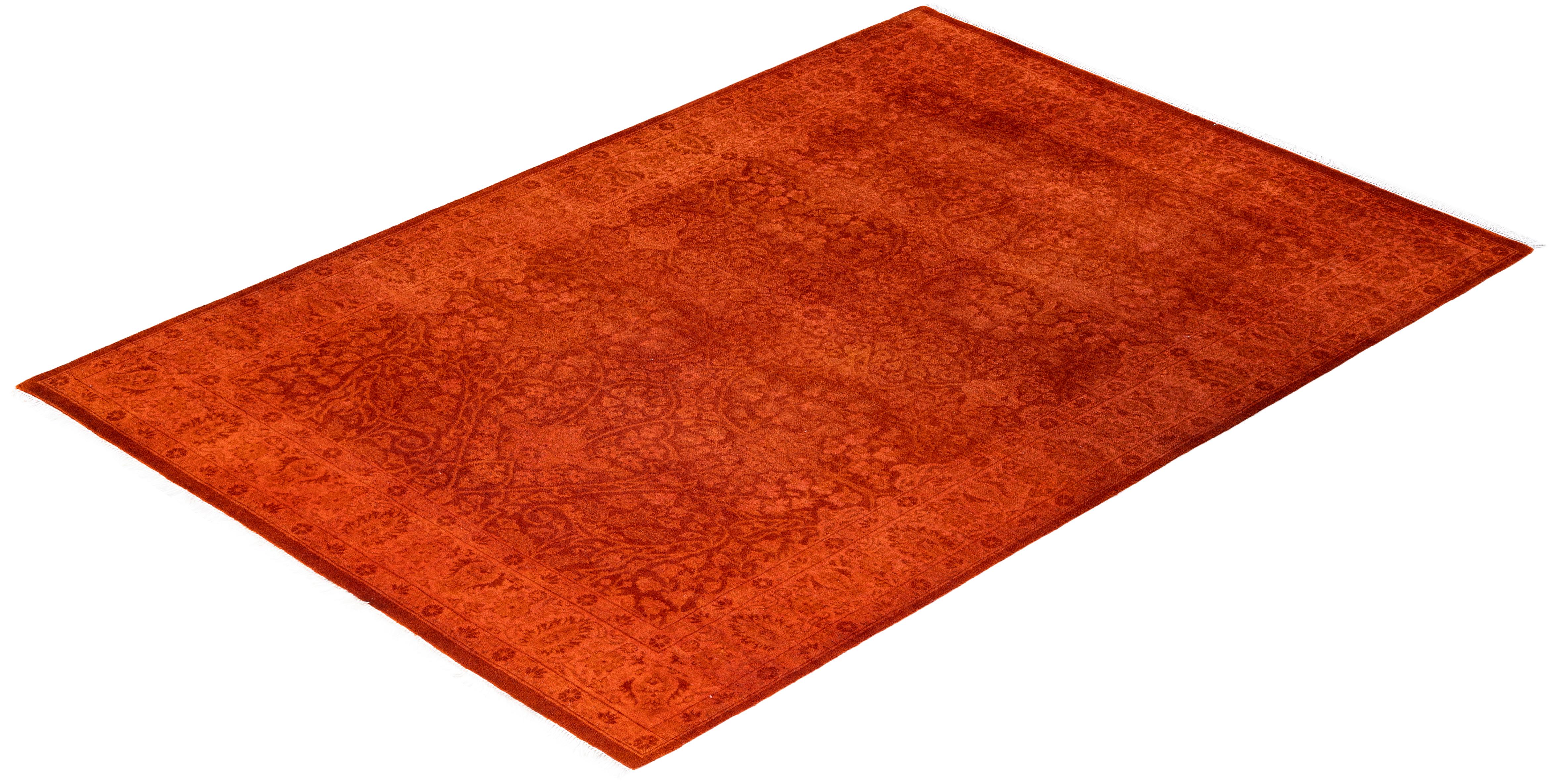 Zeitgenössische Overdyed handgeknüpfte Wolle Orange Bereich Teppich 4' 2