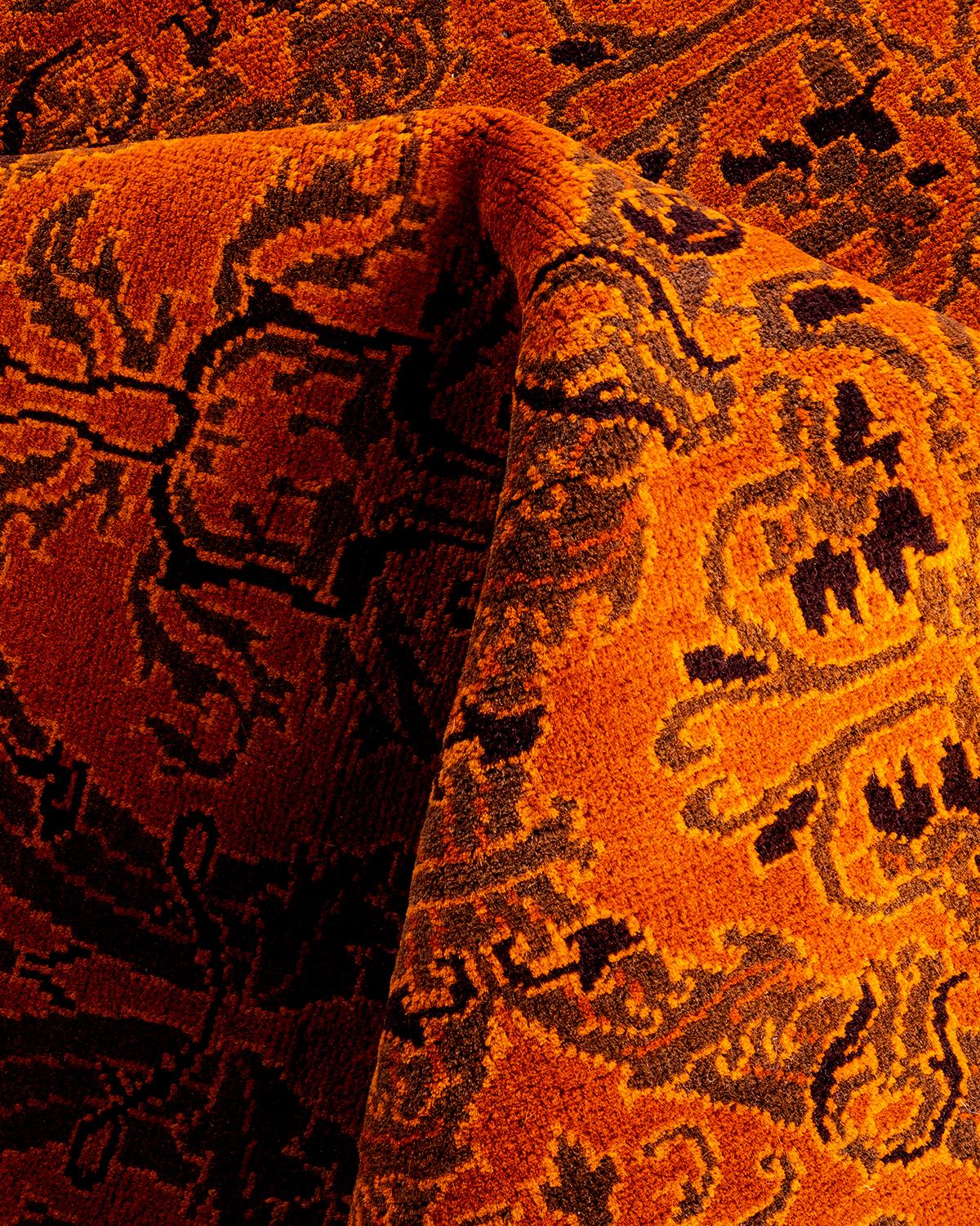 Zeitgenössische Overdyed handgeknüpfte Wolle Orange Bereich Teppich 5' 2