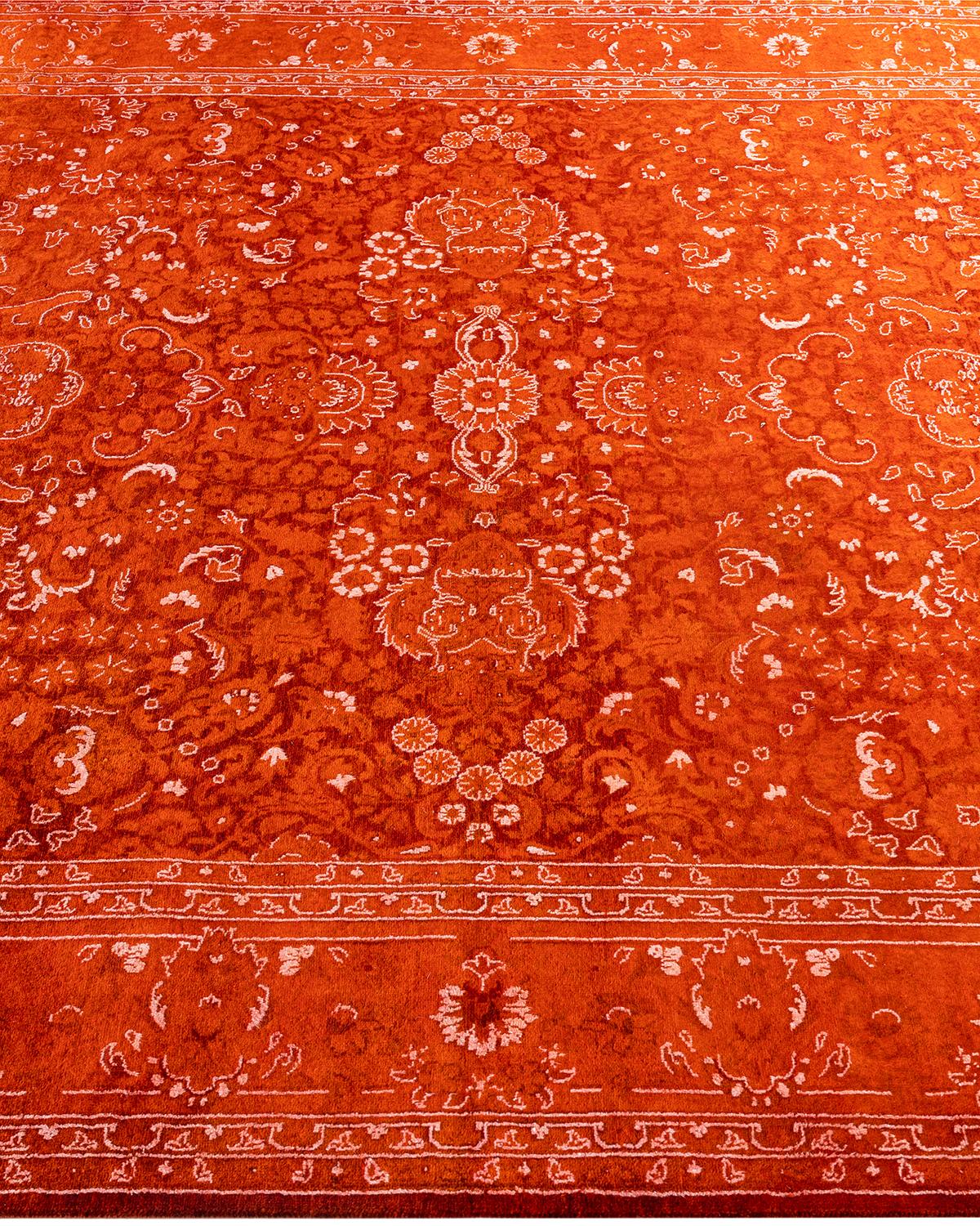 Contemporary Overdyed Hand Knotted Wool Orange Area Rug 6' 1