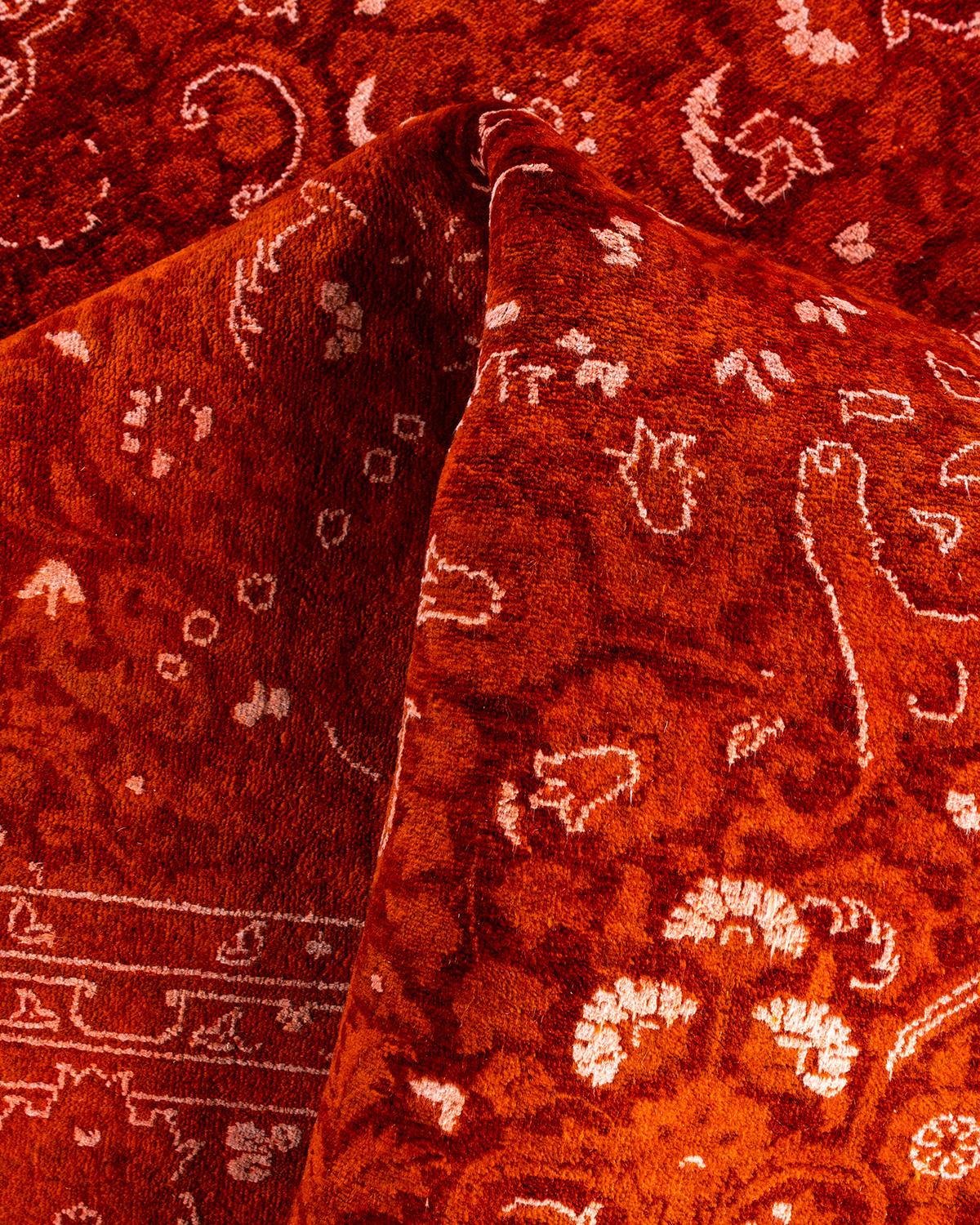Contemporary Overdyed Hand Knotted Wool Orange Area Rug 6' 1