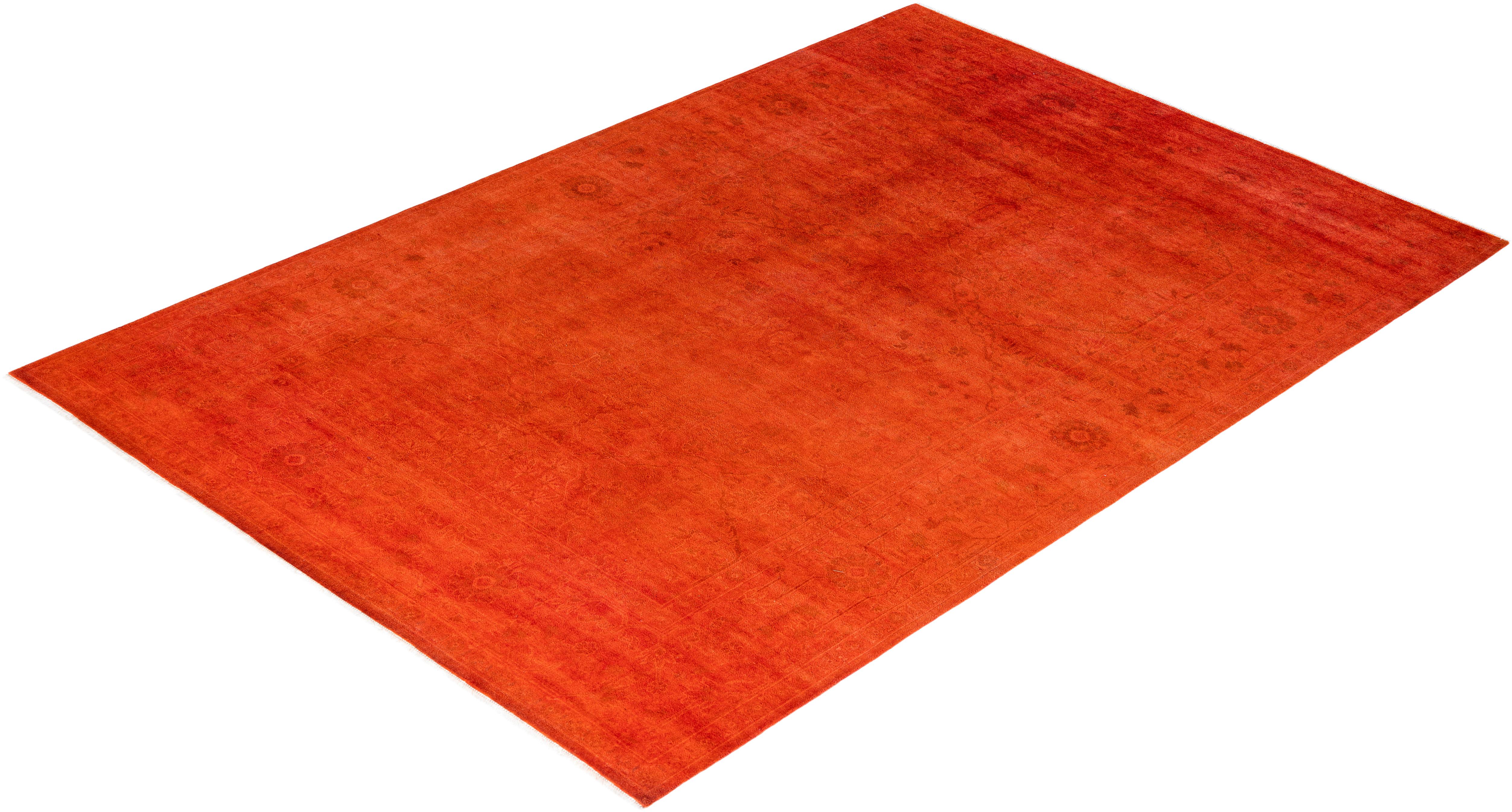 Contemporary Overdyed Hand Knotted Wool Orange Area Rug 6' 3