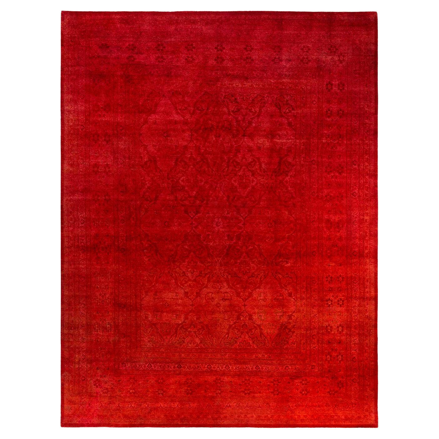 Contemporary Overdyed Hand Knotted Wool Orange Area Rug 9' 3" x 12' 1"
