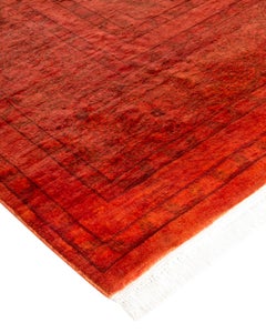 Contemporary Overdyed Hand Knotted Wool Orange Area Rug