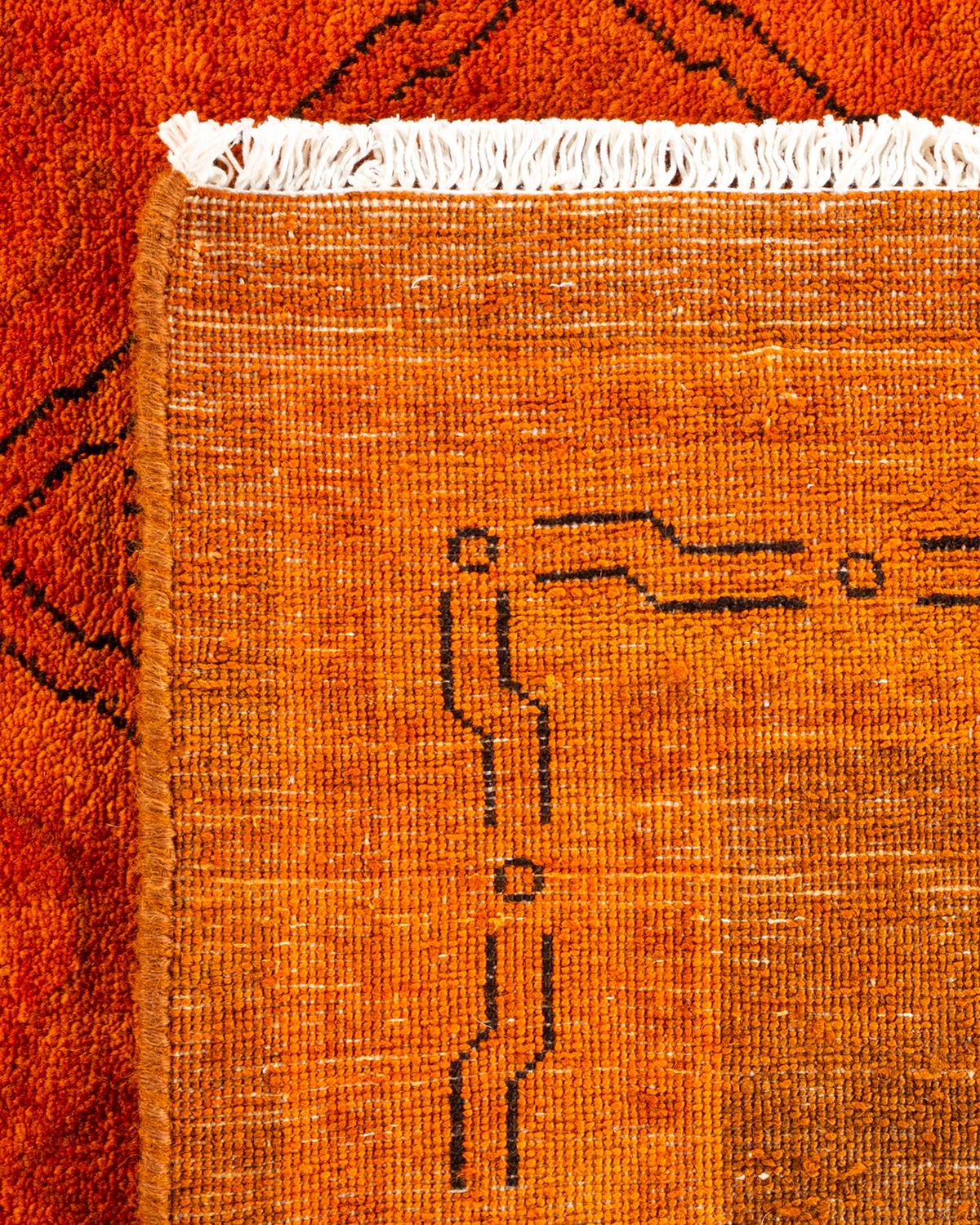 Contemporary Overdyed Hand Knotted Wool Orange Area Rug For Sale 1