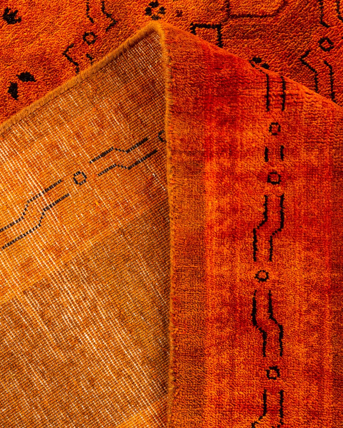 Contemporary Overdyed Hand Knotted Wool Orange Area Rug For Sale 2
