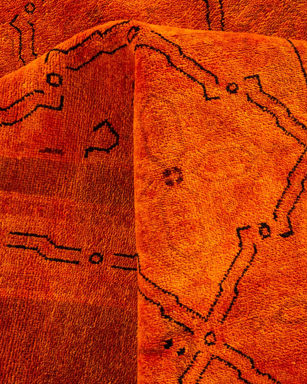 Contemporary Overdyed Hand Knotted Wool Orange Area Rug For Sale 3