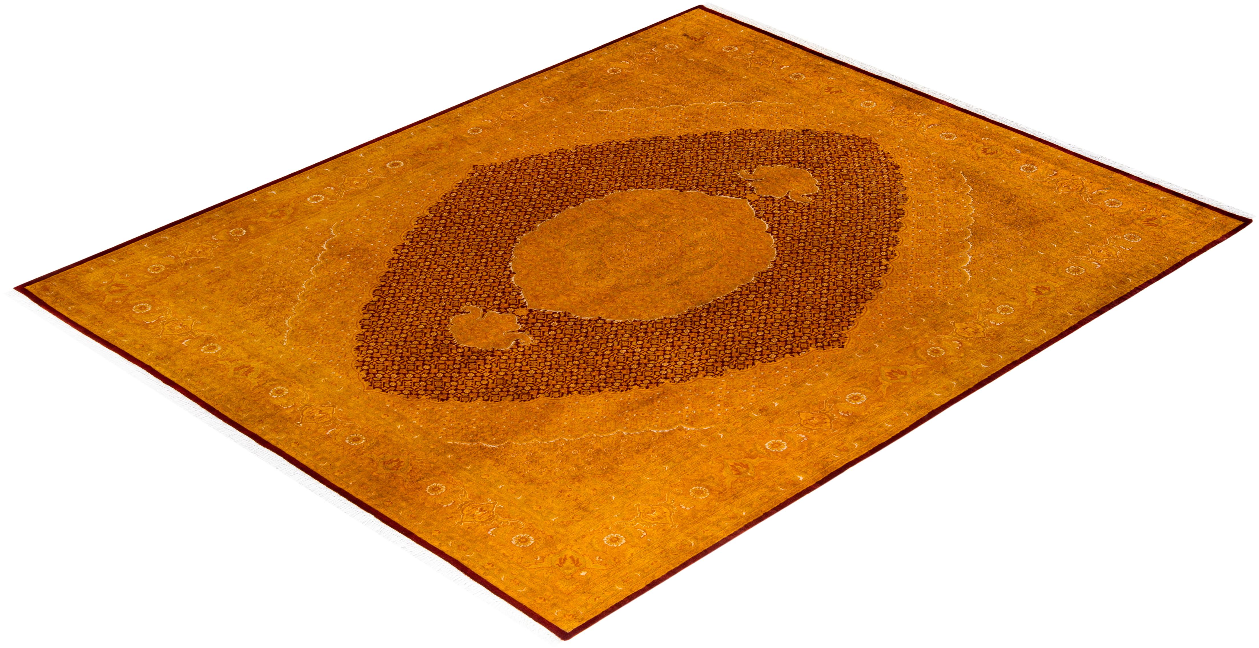 Contemporary Overdyed Hand Knotted Wool Orange Area Rug For Sale 4