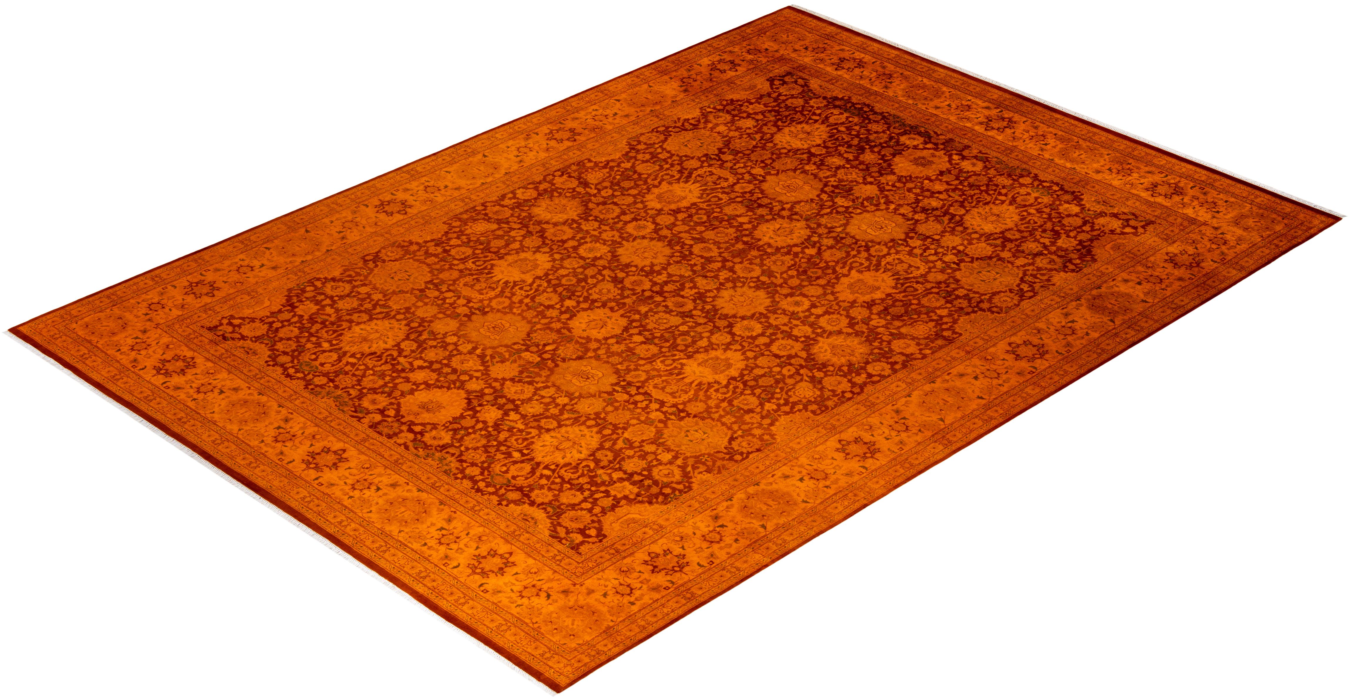 Contemporary Overdyed Hand Knotted Wool Orange Area Rug For Sale 4