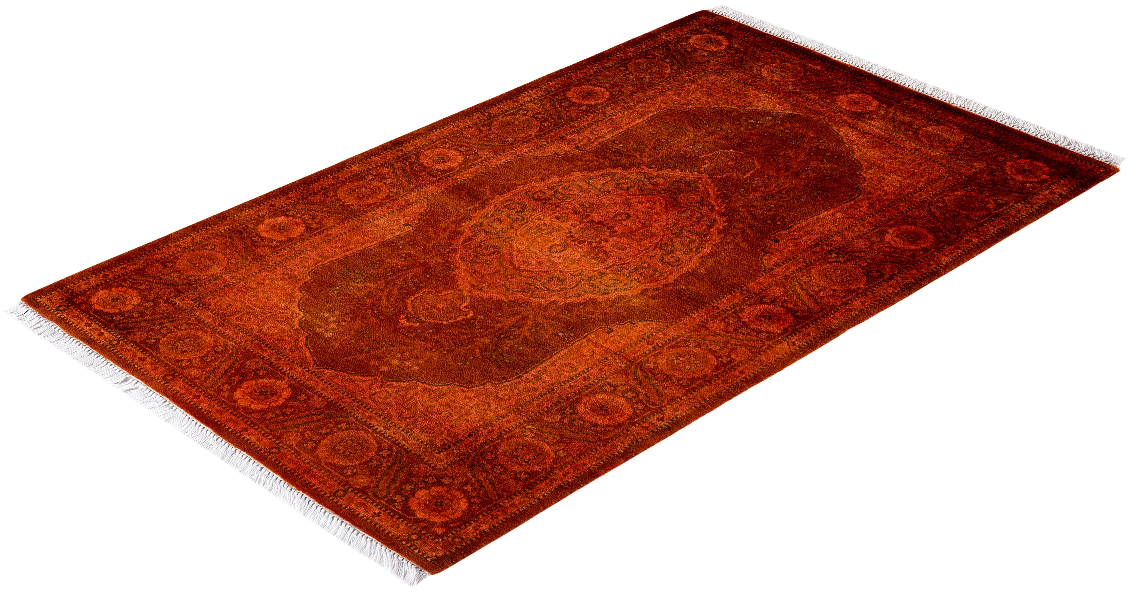 Contemporary Overdyed Hand Knotted Wool Orange Area Rug For Sale 4