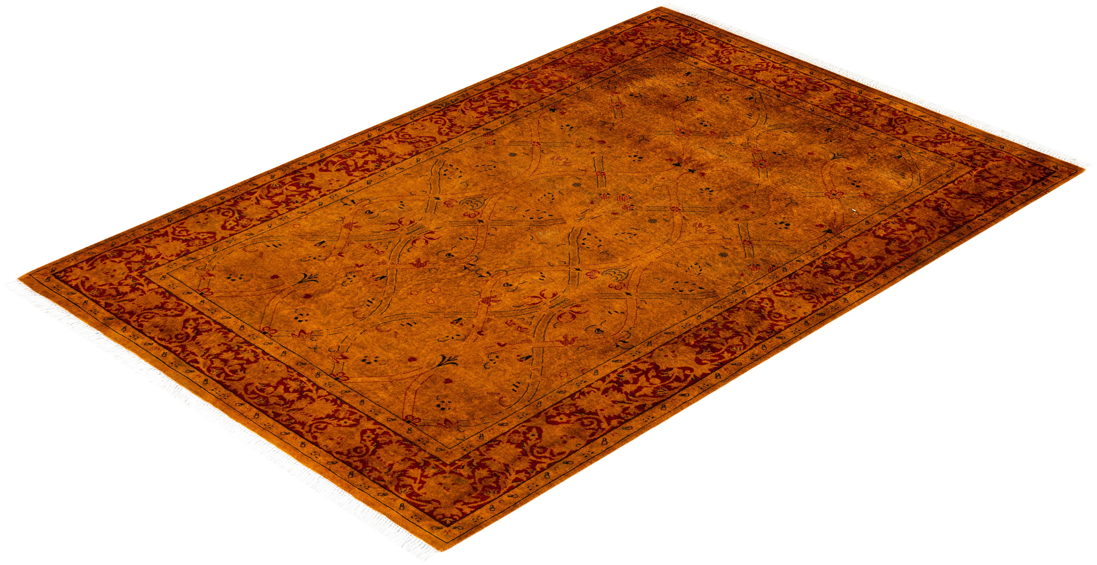 Contemporary Overdyed Hand Knotted Wool Orange Area Rug For Sale 4