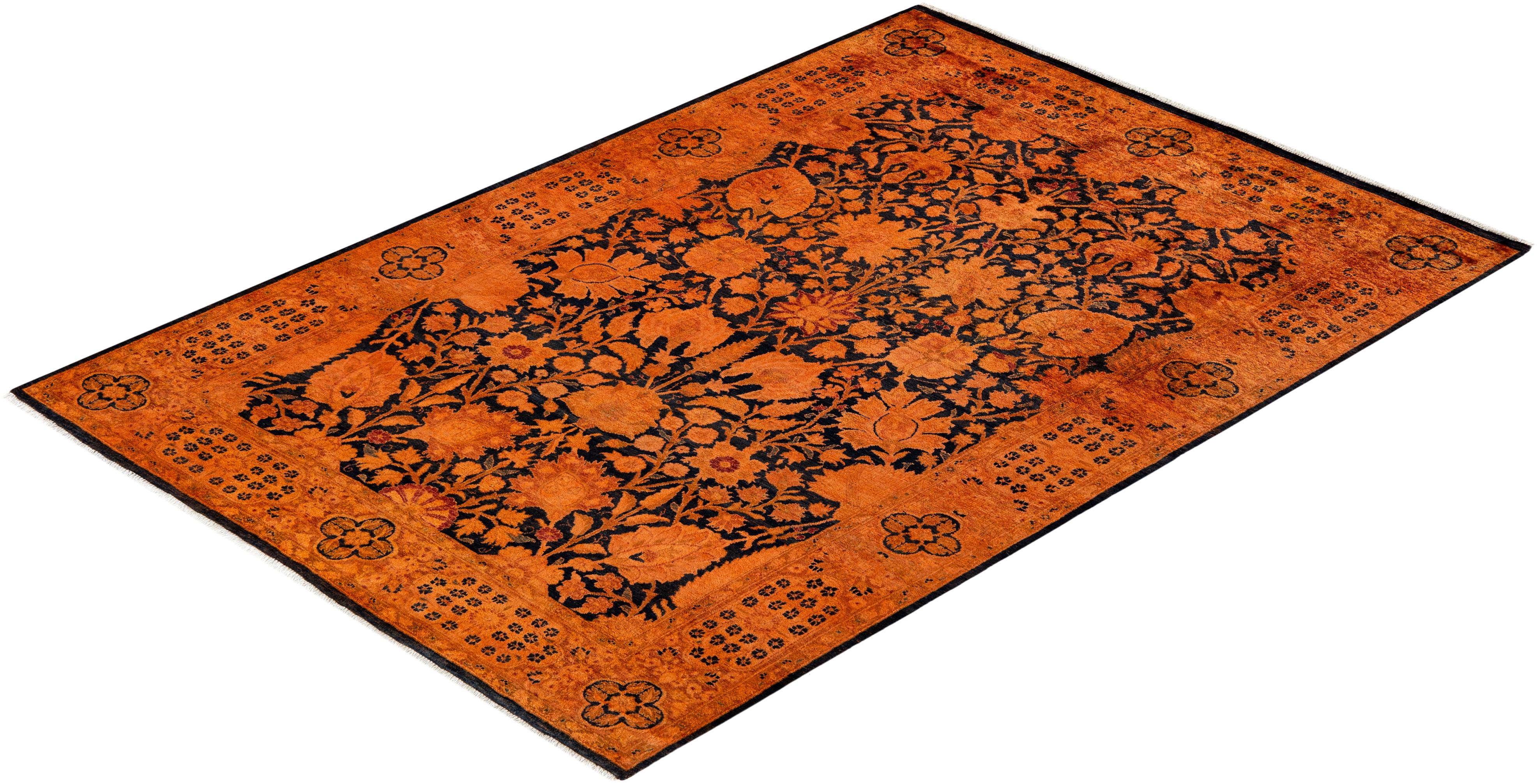 Contemporary Overdyed Hand Knotted Wool Orange Area Rug For Sale 4