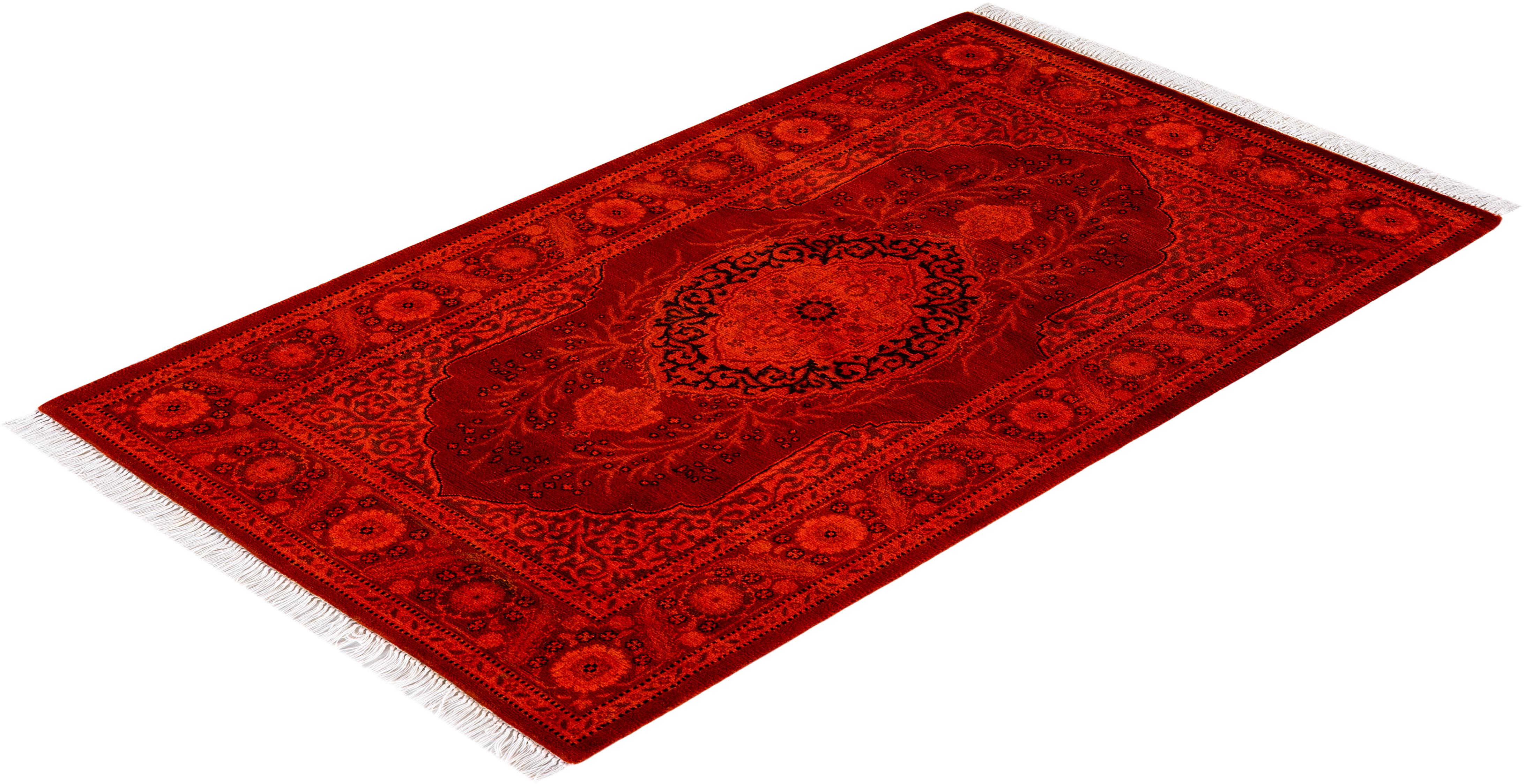 Contemporary Overdyed Hand Knotted Wool Orange Area Rug For Sale 4
