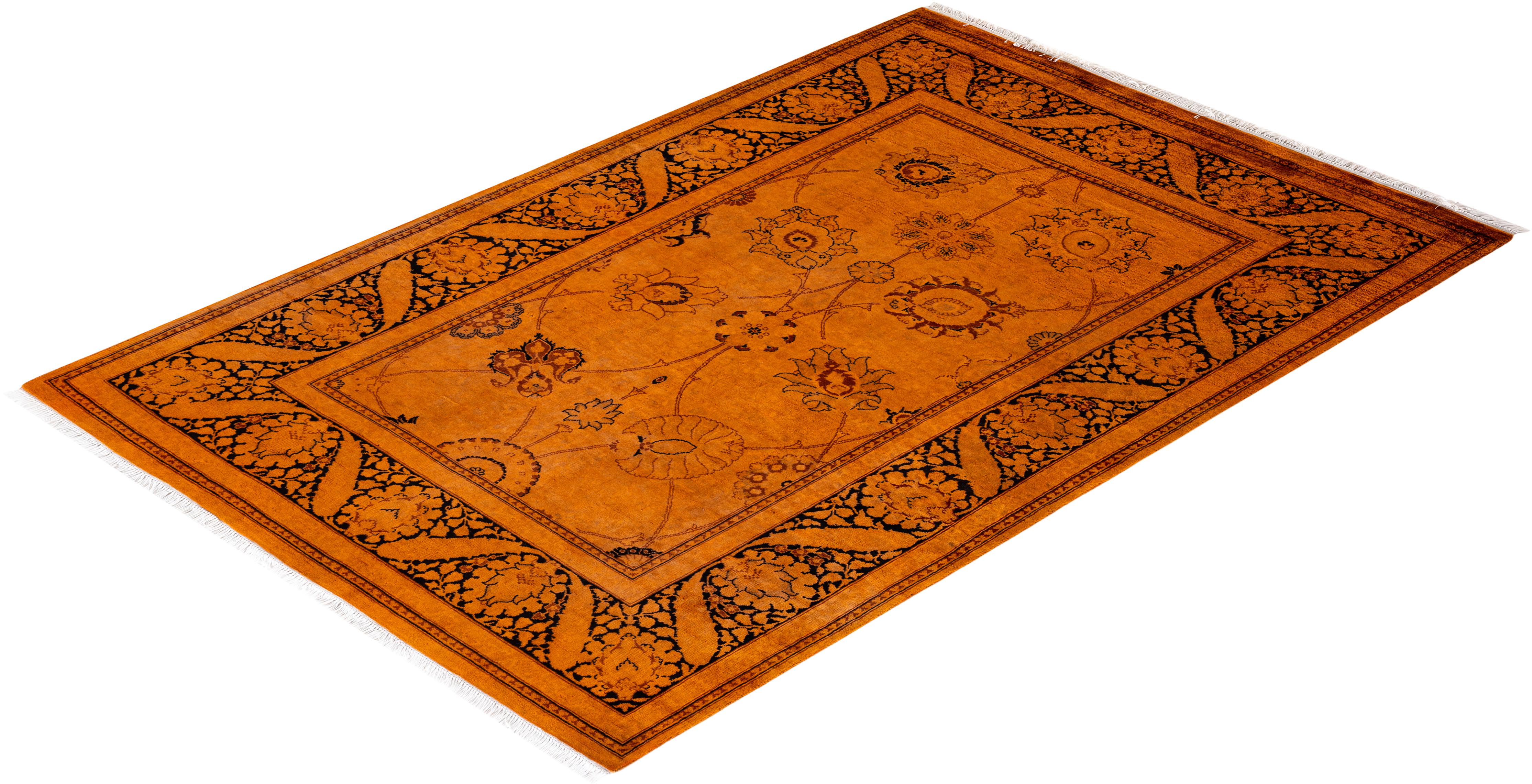 Contemporary Overdyed Hand Knotted Wool Orange Area Rug For Sale 4