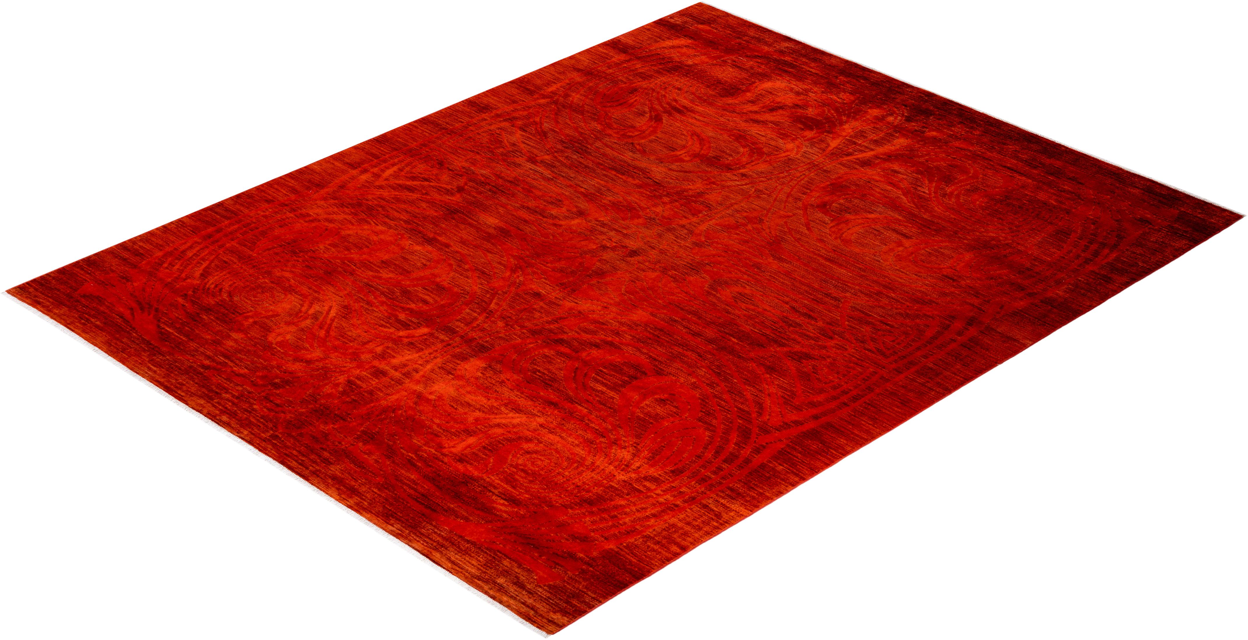 Contemporary Overdyed Hand Knotted Wool Orange Area Rug For Sale 4