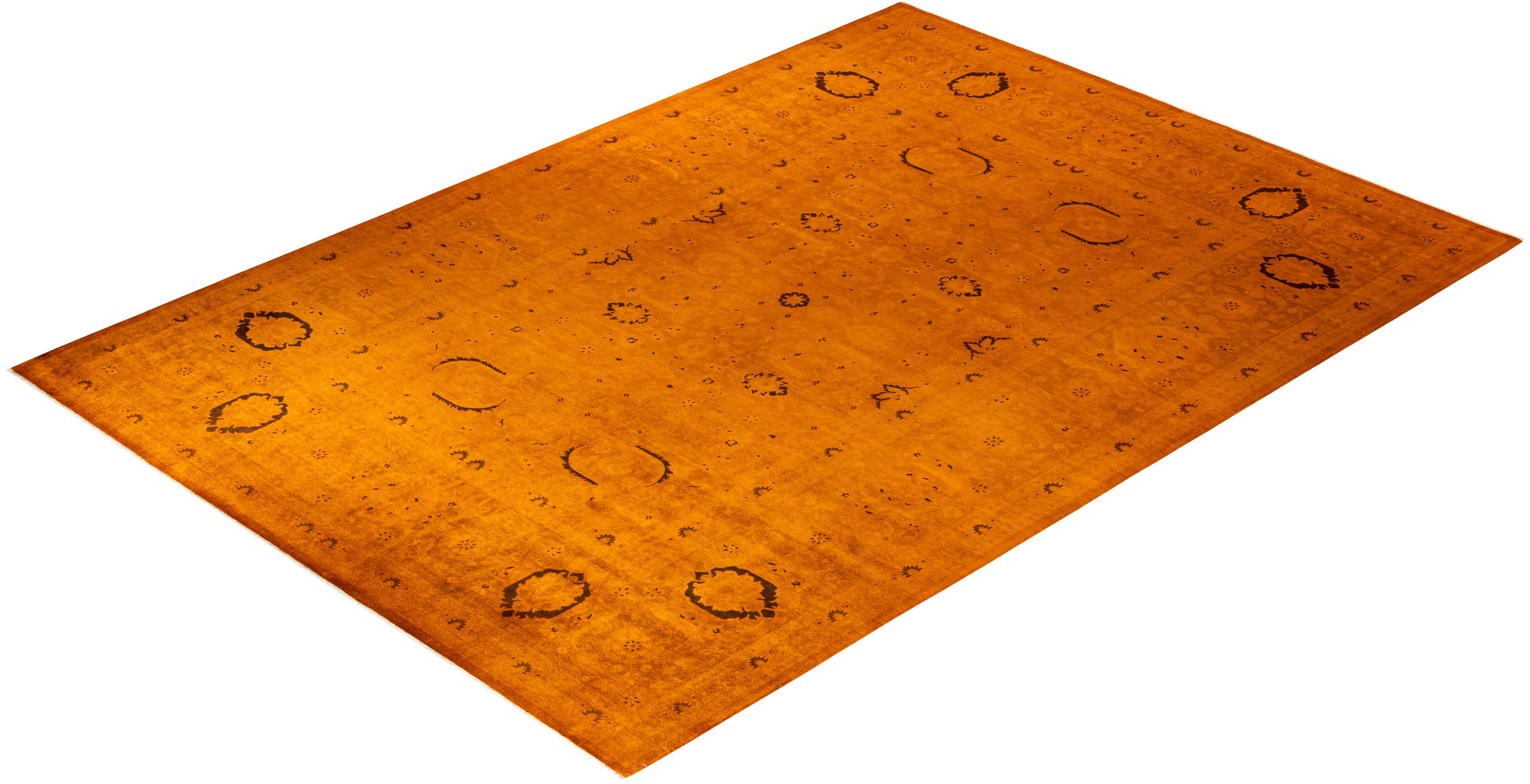 Contemporary Overdyed Hand Knotted Wool Orange Area Rug For Sale 4