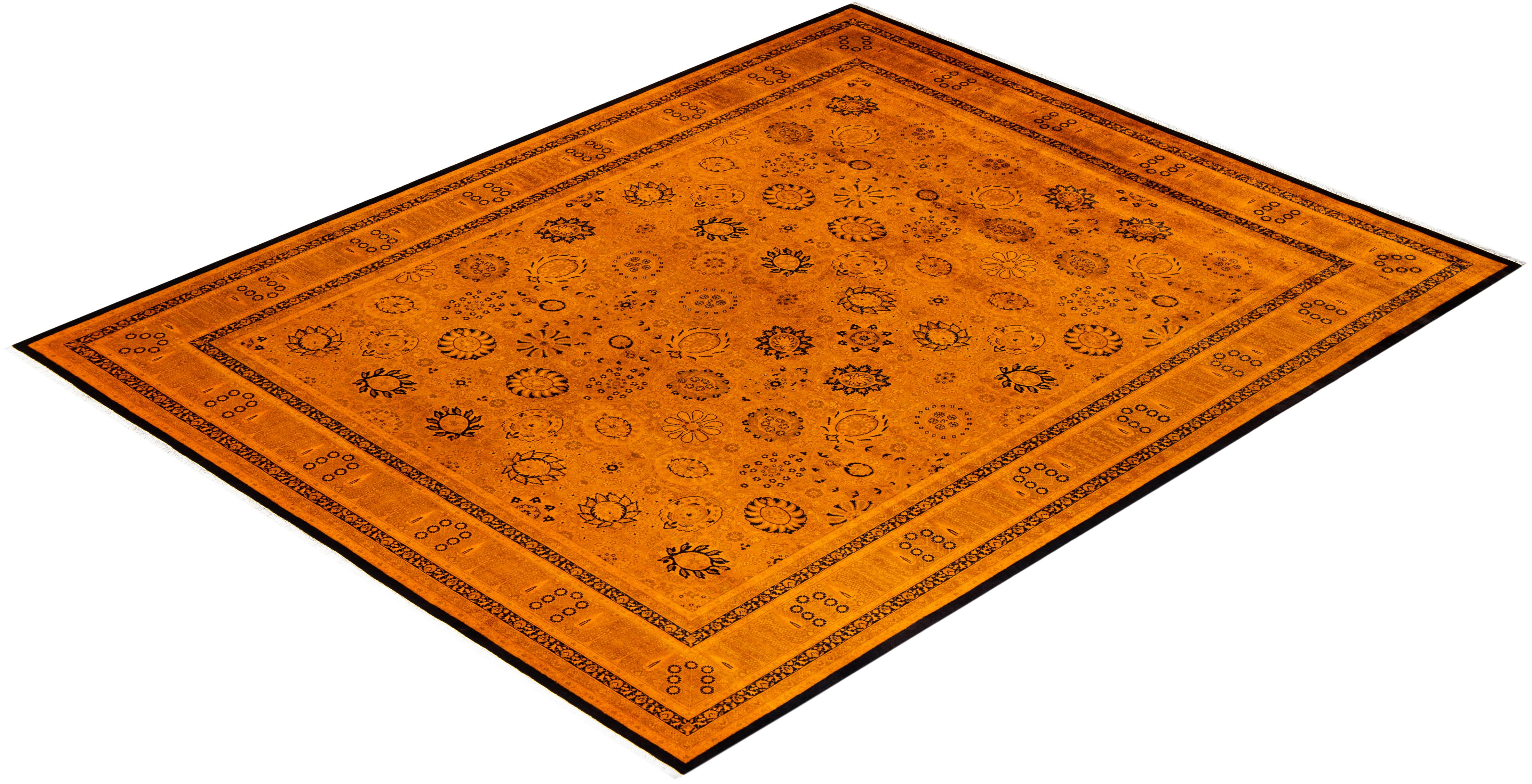 Contemporary Overdyed Hand Knotted Wool Orange Area Rug For Sale 4