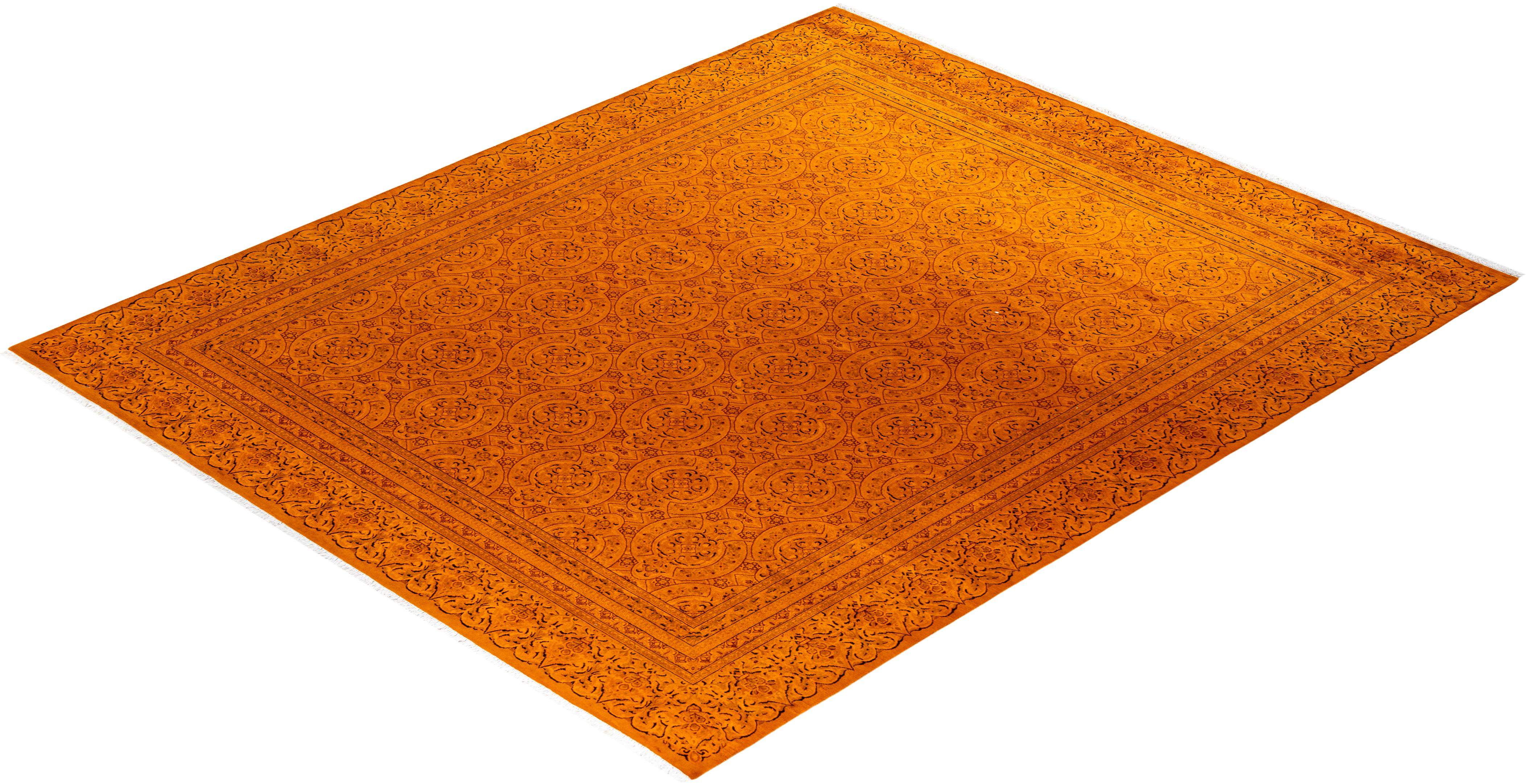 Contemporary Overdyed Hand Knotted Wool Orange Area Rug For Sale 4