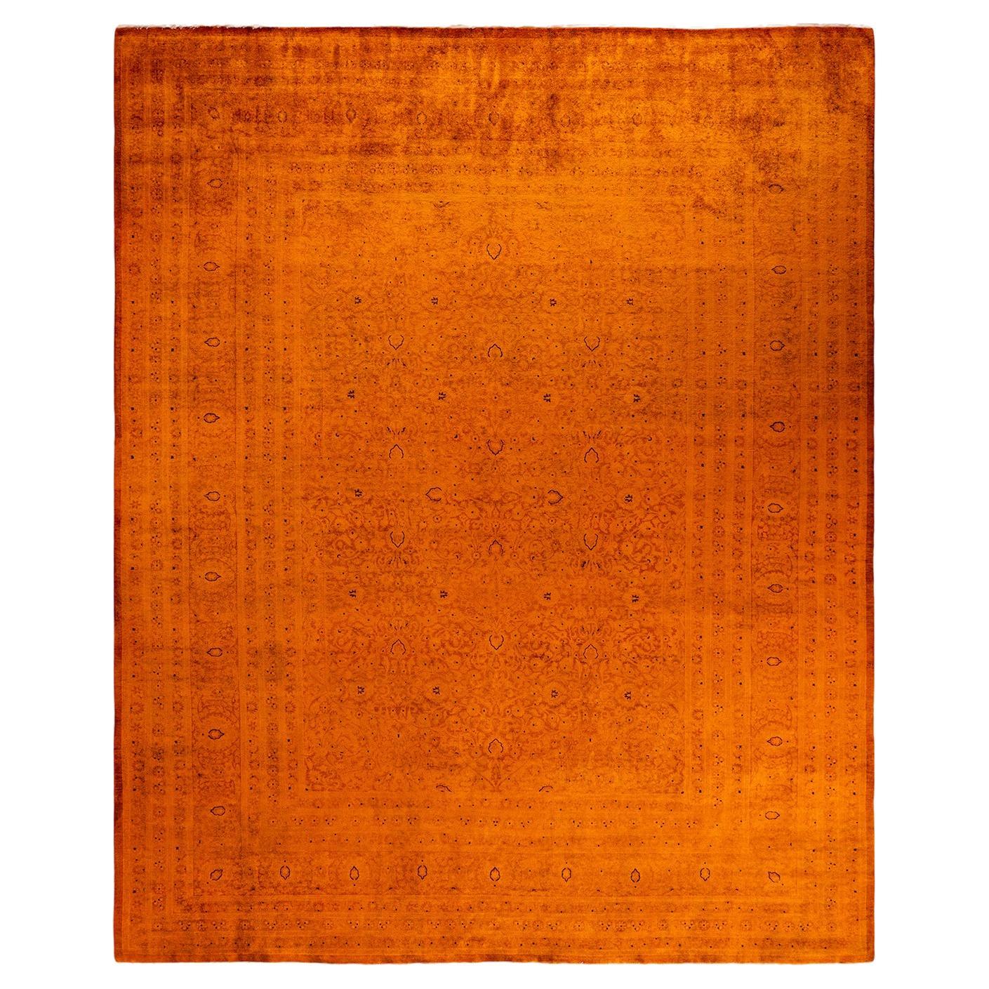 Contemporary Overdyed Hand Knotted Wool Orange Area Rug