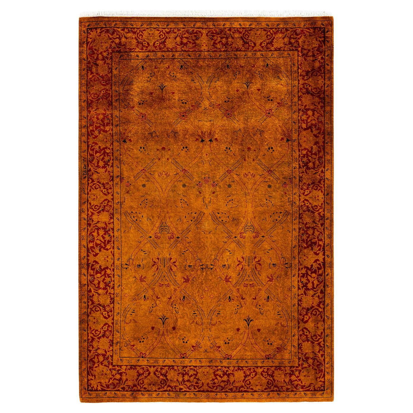 Contemporary Overdyed Hand Knotted Wool Orange Area Rug For Sale
