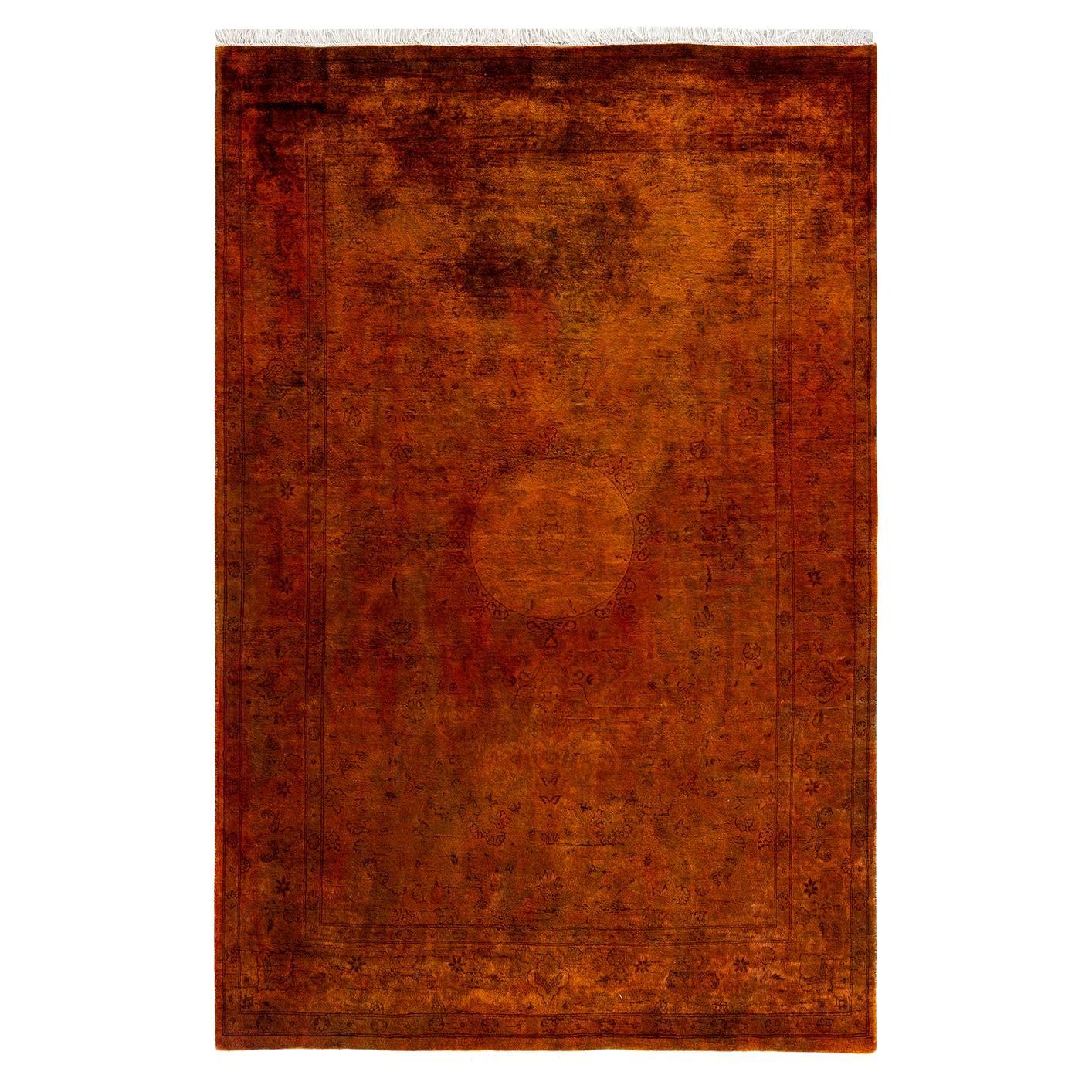 Contemporary Overdyed Hand Knotted Wool Orange Area Rug