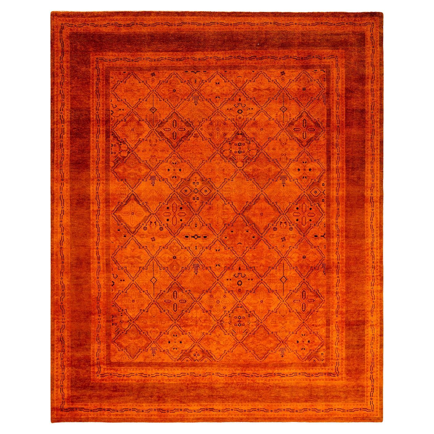 Contemporary Overdyed Hand Knotted Wool Orange Area Rug For Sale