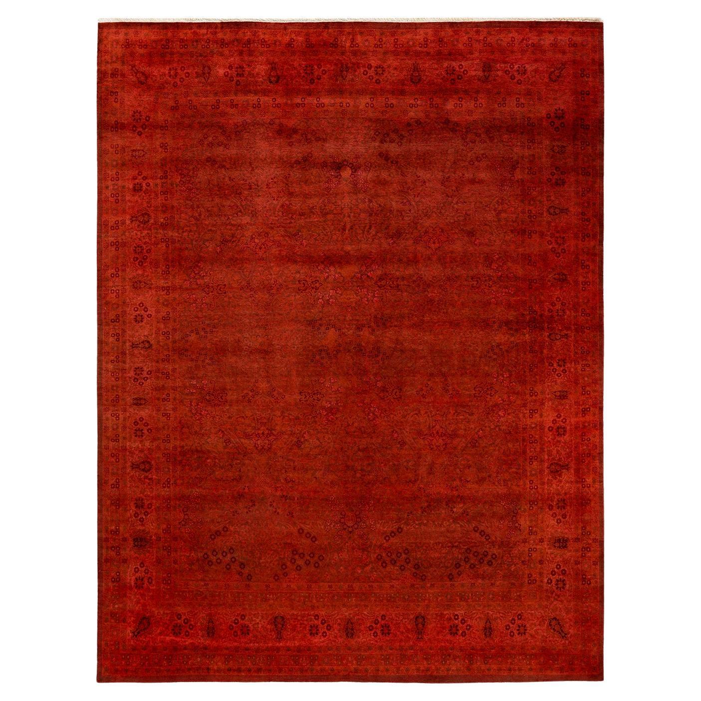 Contemporary Overdyed Hand Knotted Wool Orange Area Rug