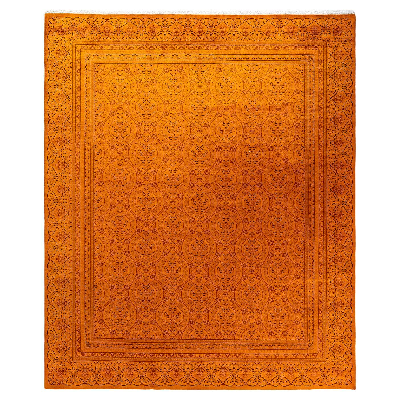 Contemporary Overdyed Hand Knotted Wool Orange Area Rug For Sale