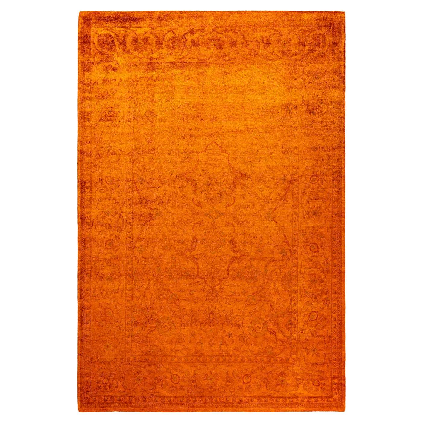 Contemporary Overdyed Hand Knotted Wool Orange Area Rug