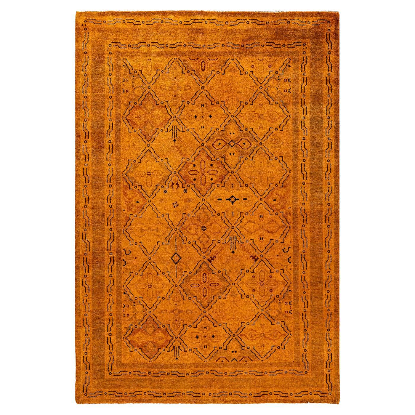 Contemporary Overdyed Hand Knotted Wool Orange Area Rug For Sale