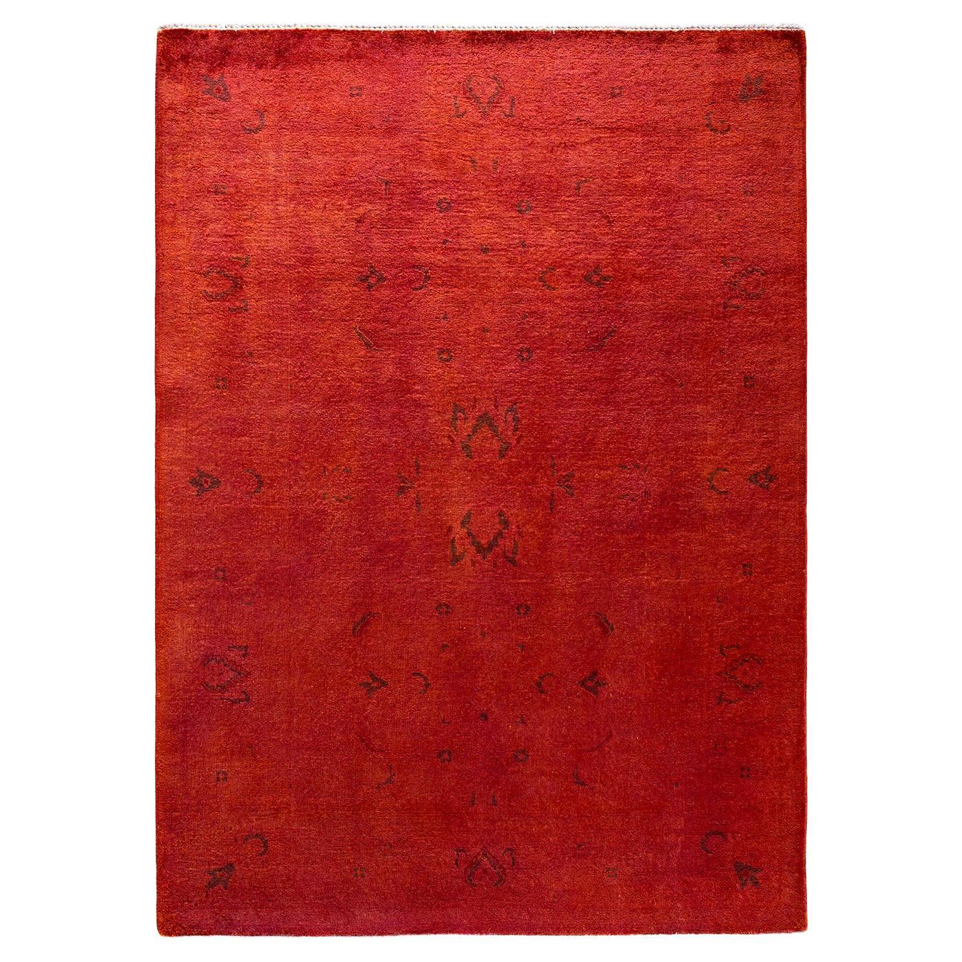 Contemporary Overdyed Hand Knotted Wool Orange Area Rug