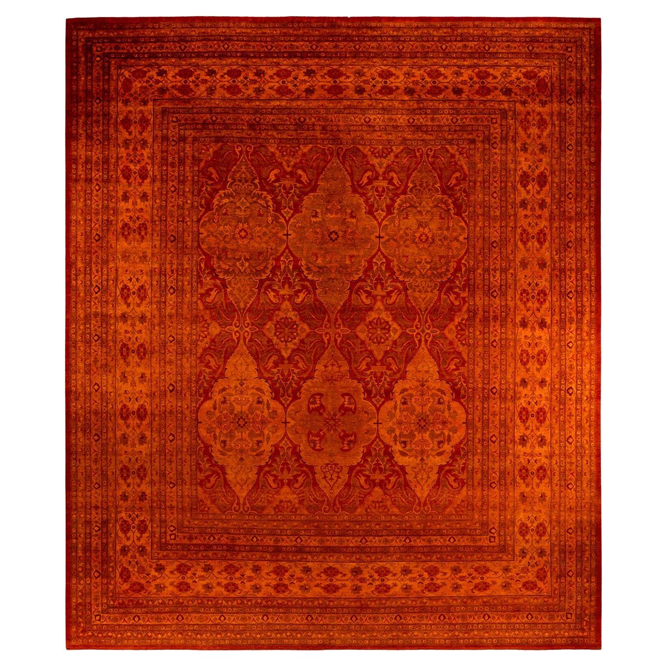 Contemporary Overdyed Hand Knotted Wool Orange Area Rug