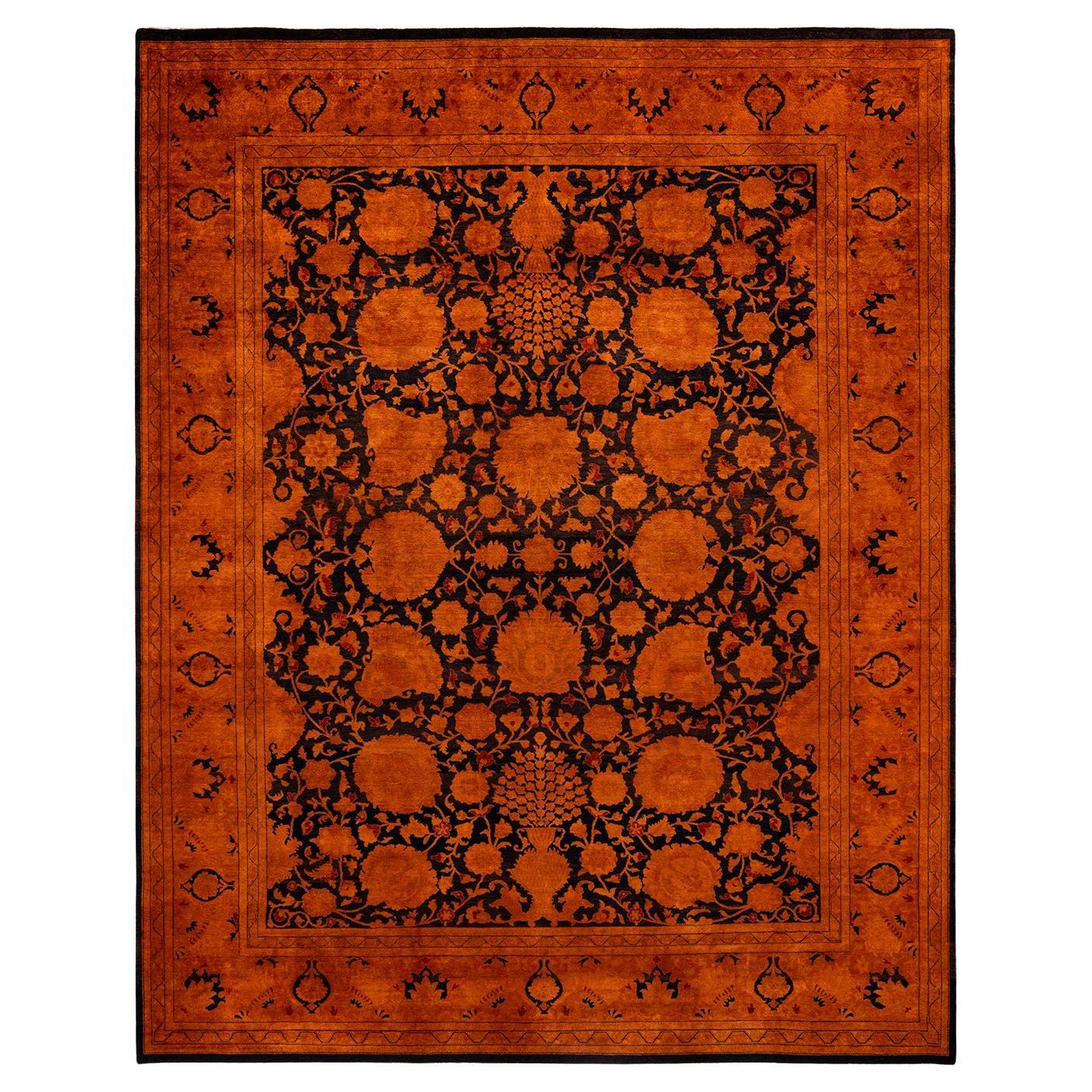 Contemporary Overdyed Hand Knotted Wool Orange Area Rug For Sale