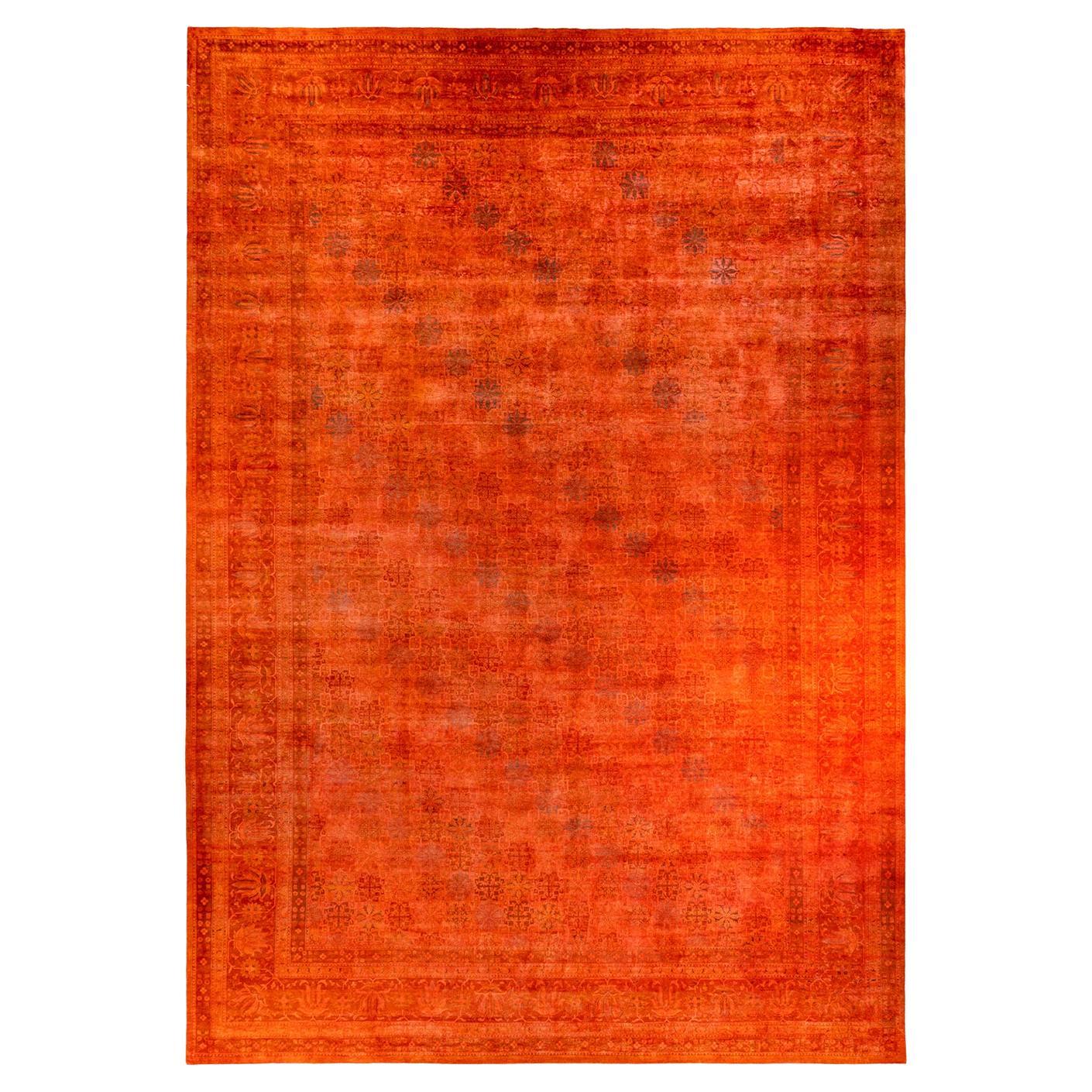 Contemporary Overdyed Hand Knotted Wool Orange Area Rug For Sale