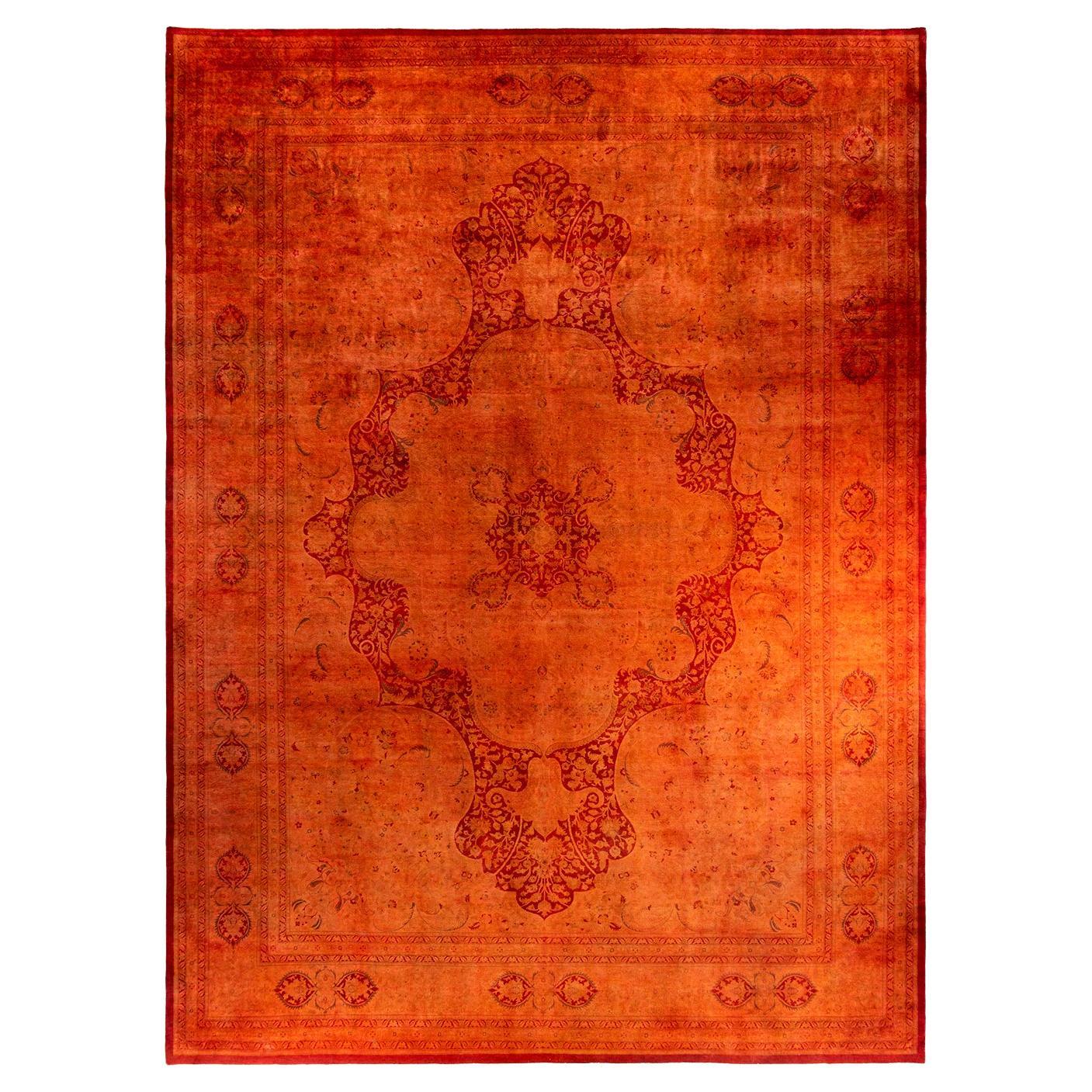 Contemporary Overdyed Hand Knotted Wool Orange Area Rug For Sale