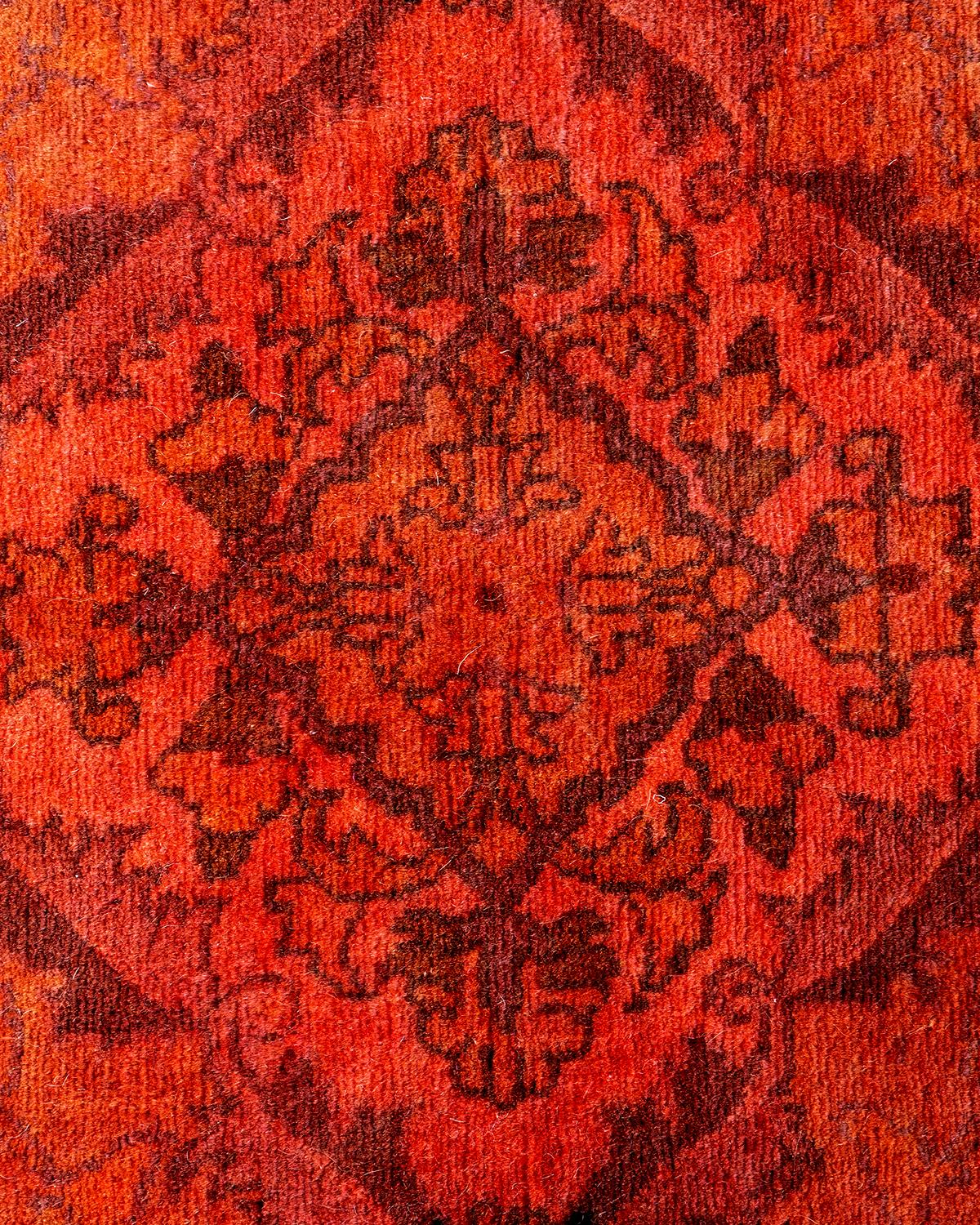 Pakistani Contemporary Overdyed Hand Knotted Wool Orange Octagon Area Rug 5' 1