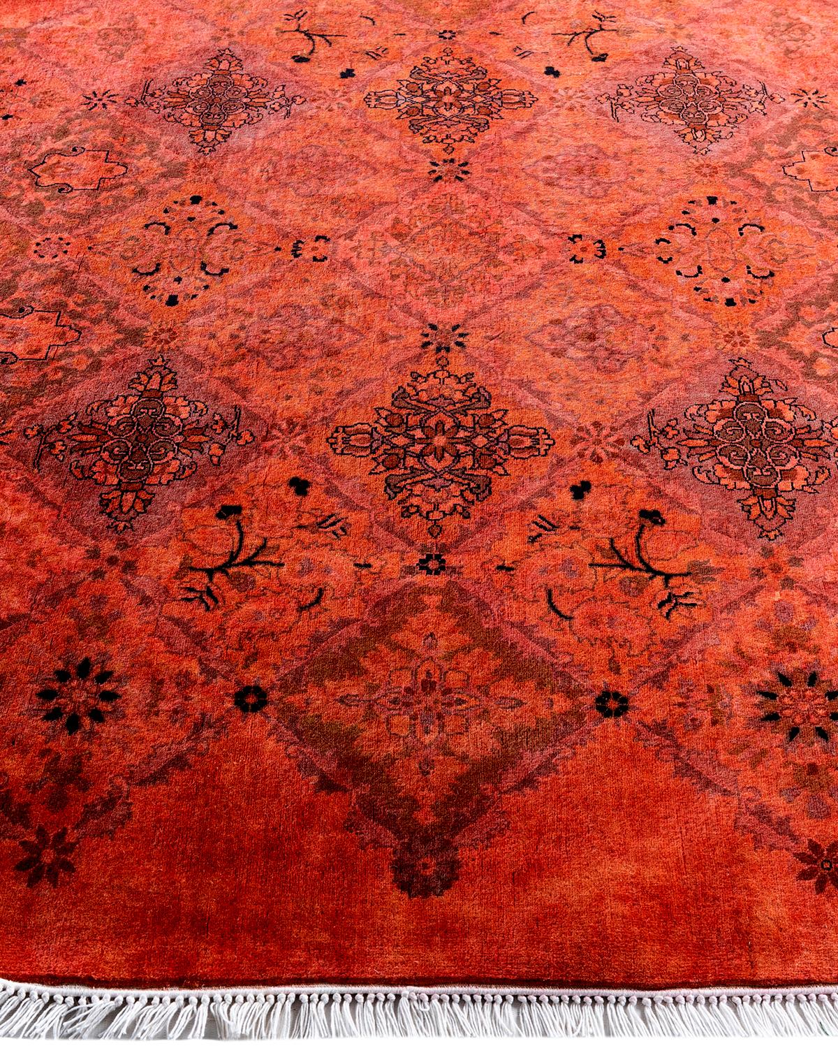 Contemporary Overdyed Hand Knotted Wool Orange Octagon Area Rug 5' 1