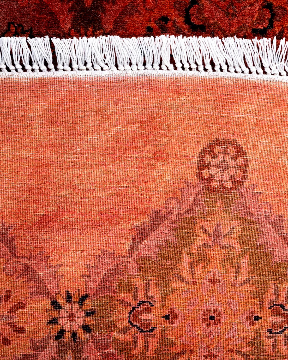 Contemporary Overdyed Hand Knotted Wool Orange Octagon Area Rug 5' 1