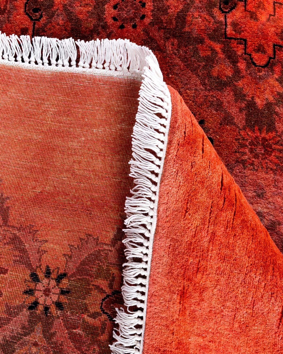 Contemporary Overdyed Hand Knotted Wool Orange Octagon Area Rug 5' 1