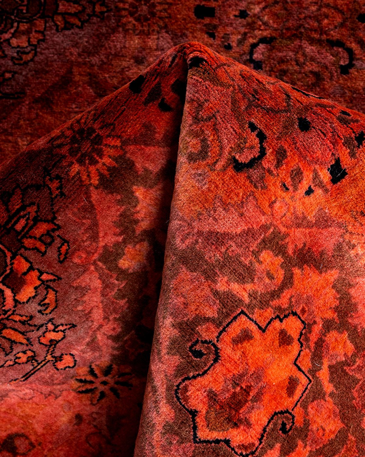 Contemporary Overdyed Hand Knotted Wool Orange Octagon Area Rug 5' 1