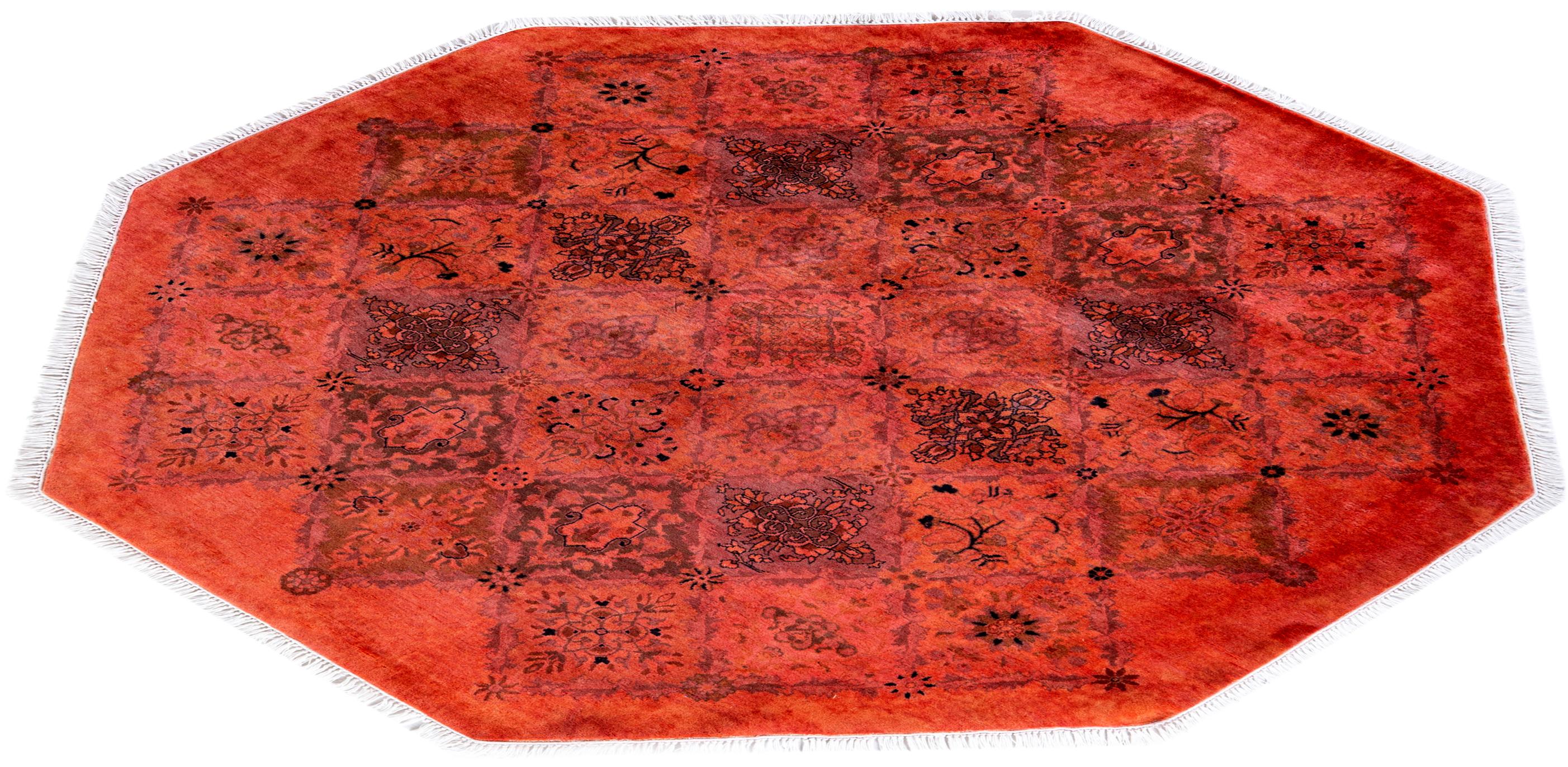 Contemporary Overdyed Hand Knotted Wool Orange Octagon Area Rug 5' 1
