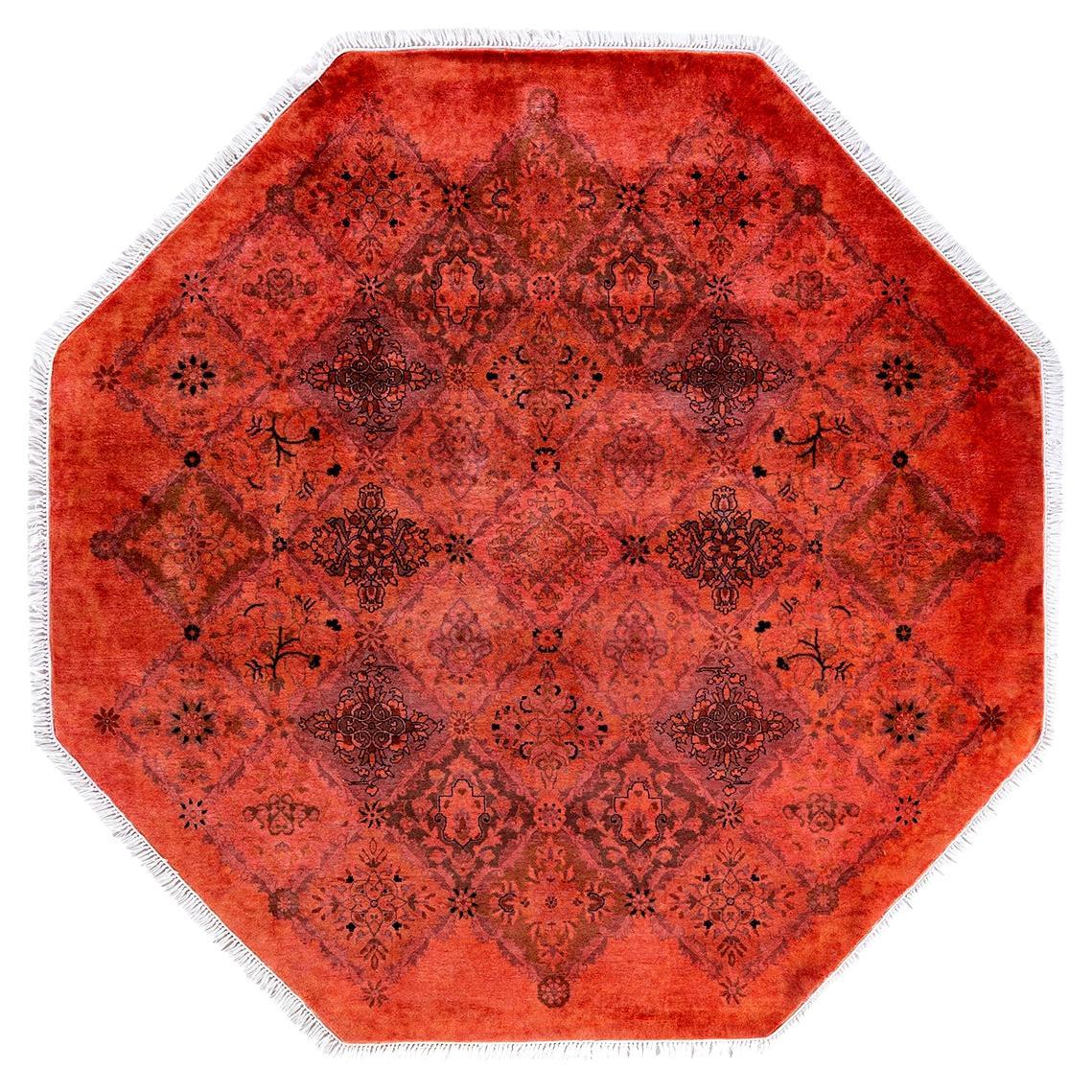 Contemporary Overdyed Hand Knotted Wool Orange Octagon Area Rug 5' 1" x 5' 1"