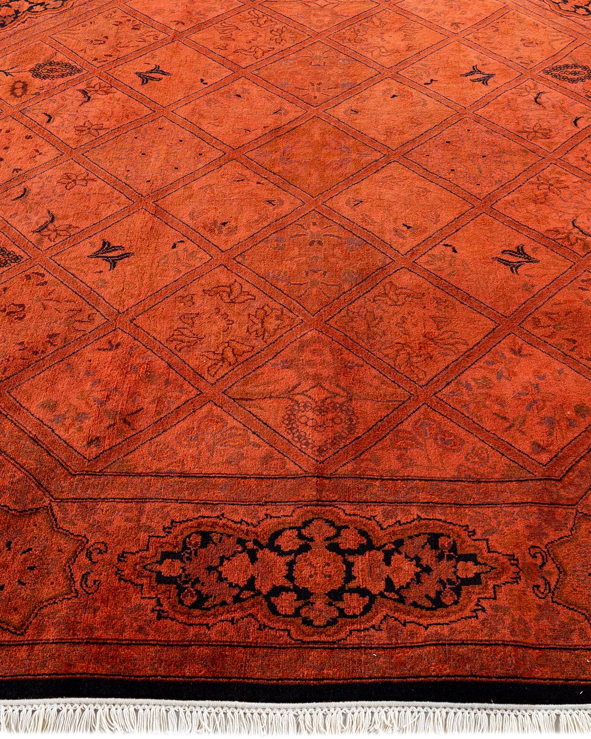 Contemporary Overdyed Hand Knotted Wool Orange Octagon Area Rug In New Condition For Sale In Norwalk, CT