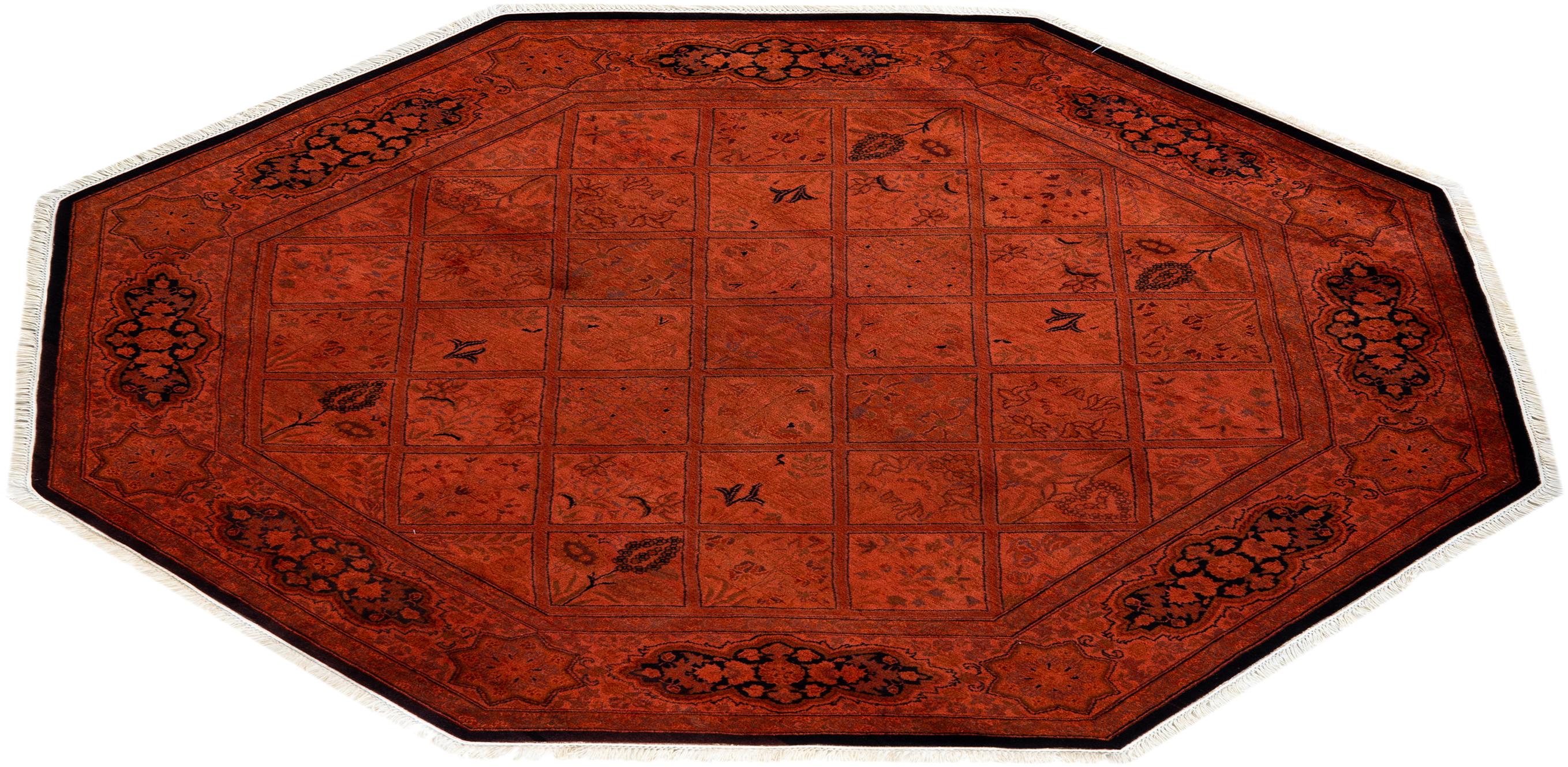 Contemporary Overdyed Hand Knotted Wool Orange Octagon Area Rug For Sale 4