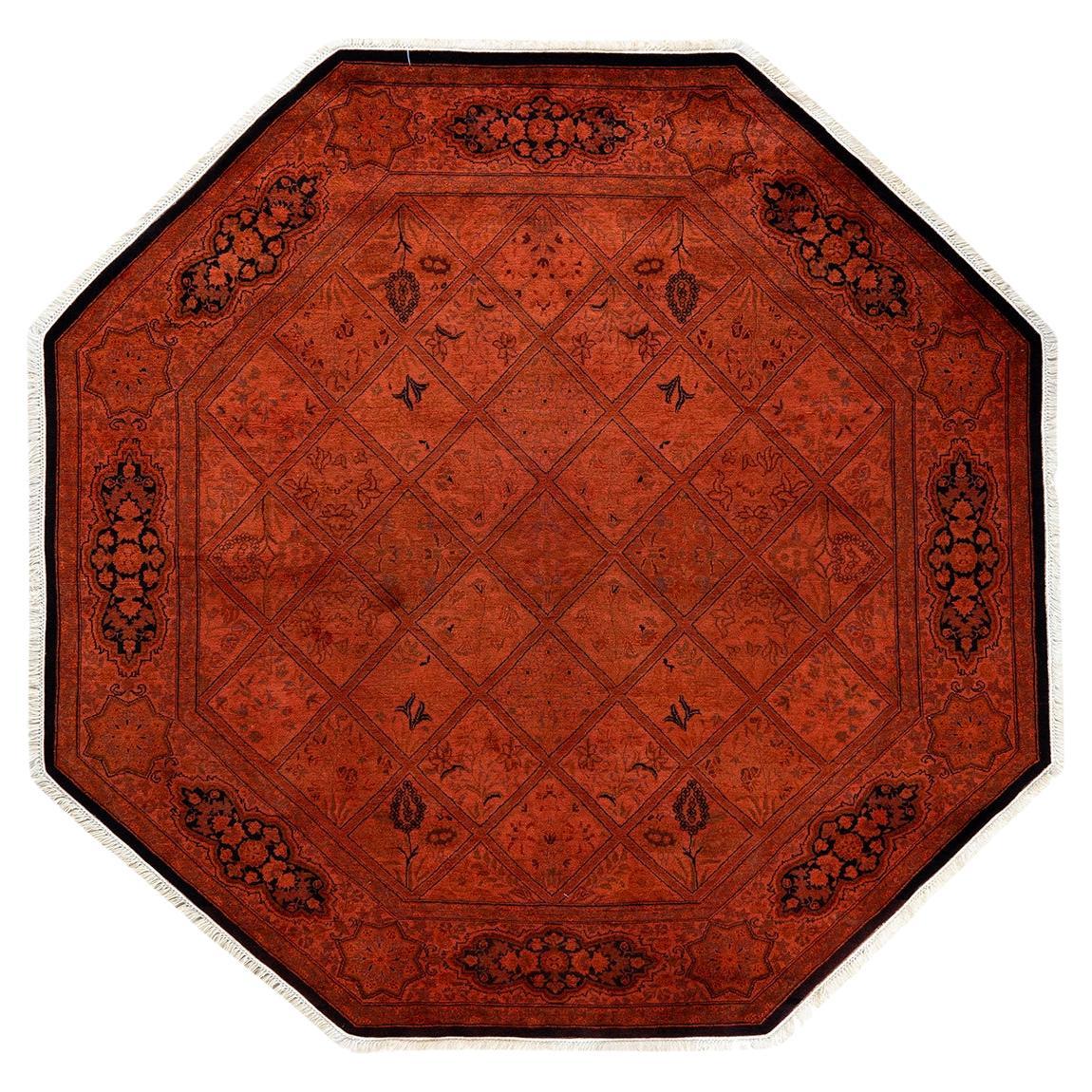 Contemporary Overdyed Hand Knotted Wool Orange Octagon Area Rug
